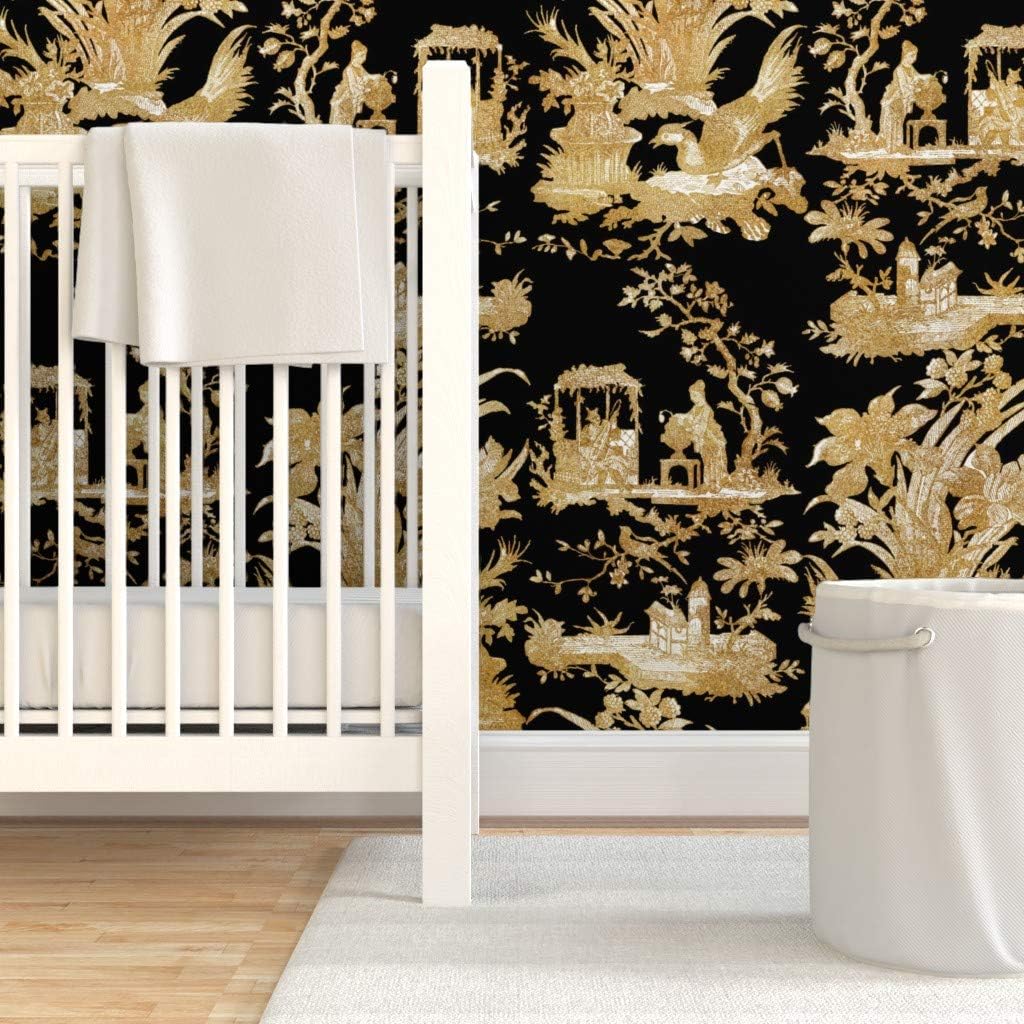 Peel & Stick Wallpaper Swatch - Chinoiserie Toile Black Asian Gold Chinese Custom Removable Wallpaper by Spoonflower