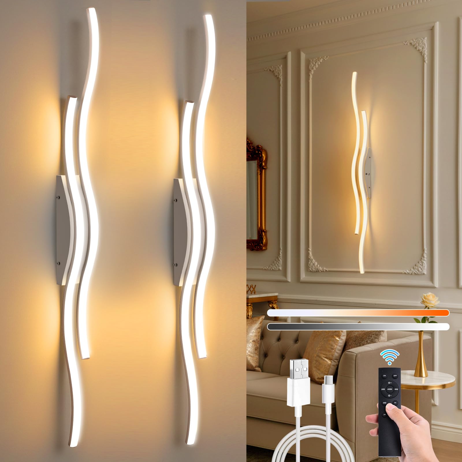SERBASIC Battery Operated Wall Lights Wave Line,Rechargeable Wireless Wall Lights with Remote Control,Stepless Colors 3000K-6000K & Dimming,Morden Wall Sconces for Living Room