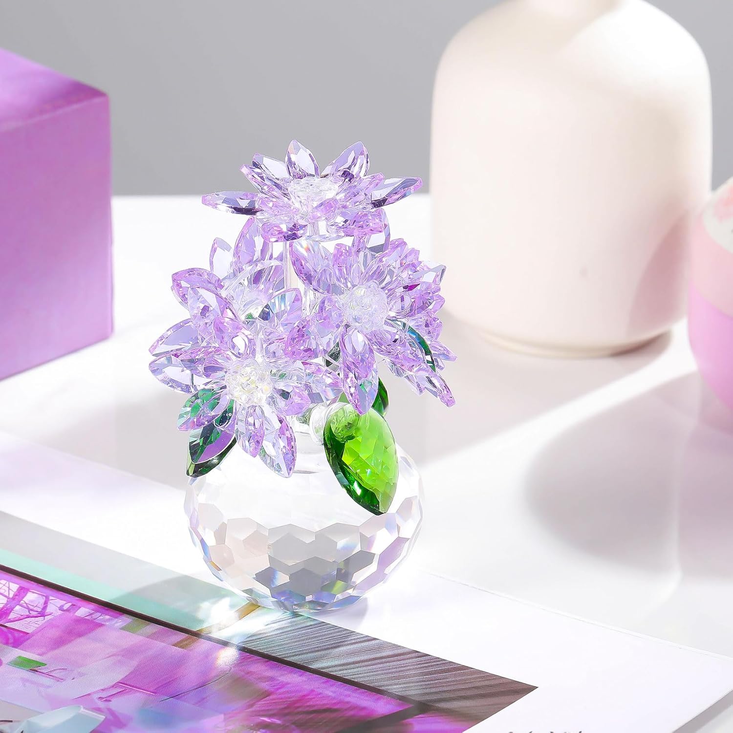 Enjinkail Handmade Crystal Daisy Figurine - Purple Glass Flowers Gifts for Women, Elegant Home Decor & Table Centerpiece - Image 3