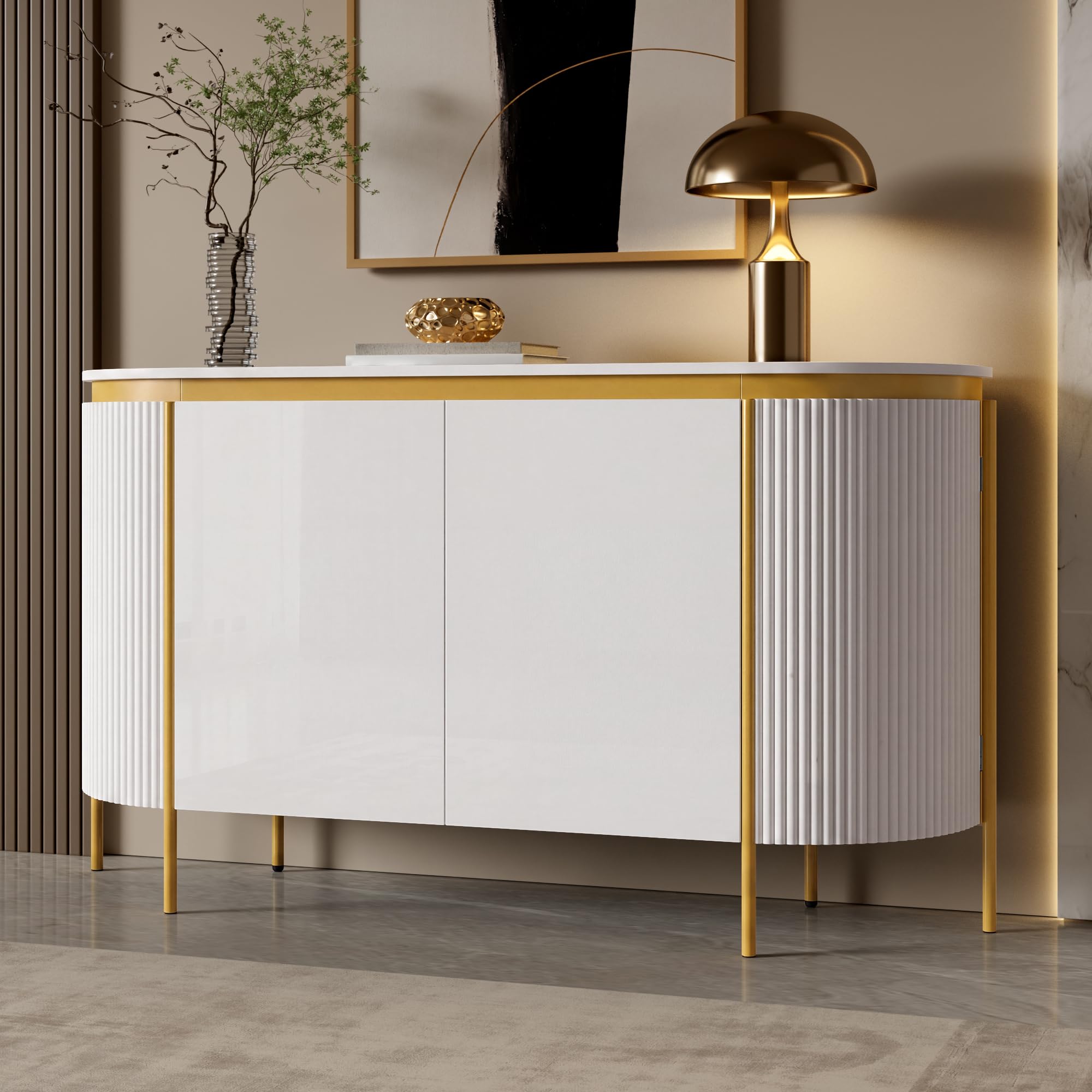 Credenza, piedini in ferro, 4 ante, ovale, con passacavi, 140 x 38 x 80 cm