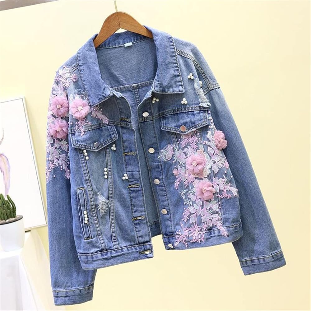 Amazon.com: Kelsiop Spring Women's Denim Jacket Embroidery Three