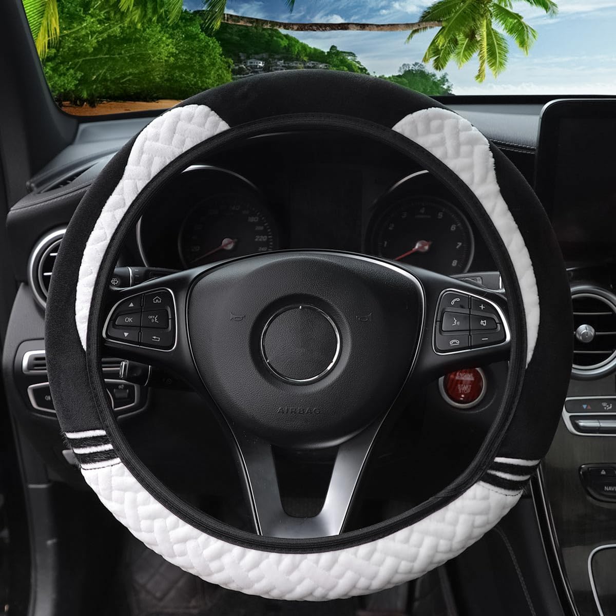 Osilly 15 Inch Car Plush Steering Wheel Cover for Winter Warm, Anti-Slip Automotive Steering Wheel Protector Interior Decoration for Women Man, Universal for Vehicle SUV Truck RV and More (White)