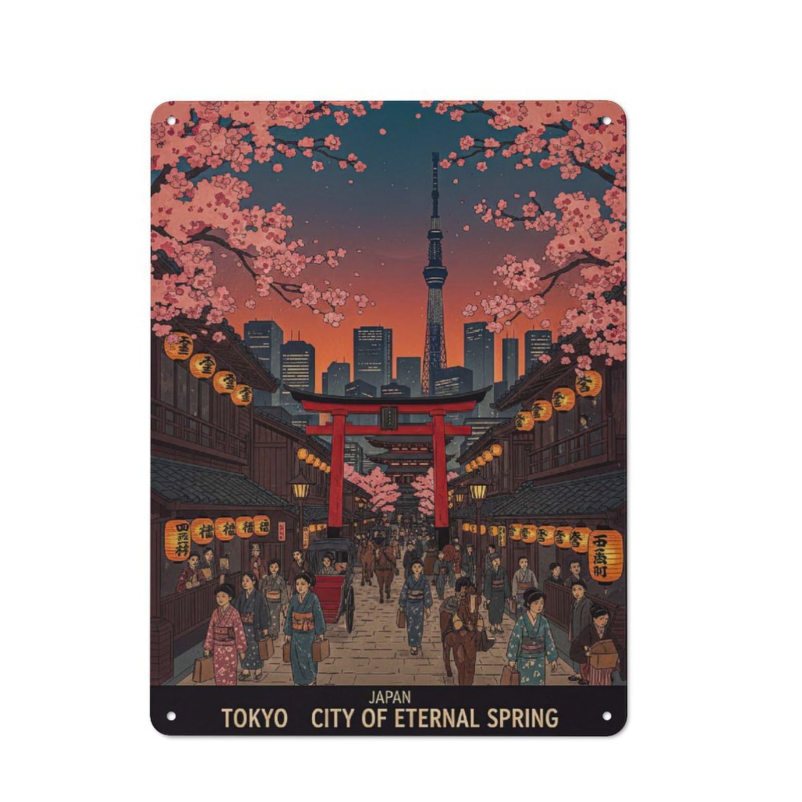 Junmoney Style-8 Retro Metal Wall Sign 40X30cm With Tokyo Cityscape With Cherry Blossoms(2) For Workshop Wall, For Kitchen, Dining Room And Home Bar Wall Decor