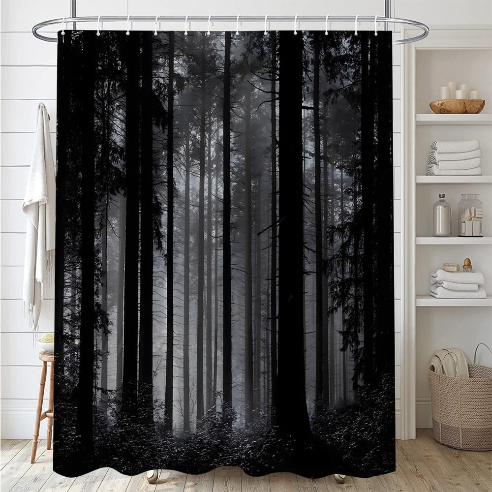 Gothic Forest Shower Curtain Misty Foggy Jungle Nature Mysterious Mountain Landscape Scenery Goth Halloween Dark Black and Gray Polyester Fabric Bathroom Decor 70×78 Inch with Hook