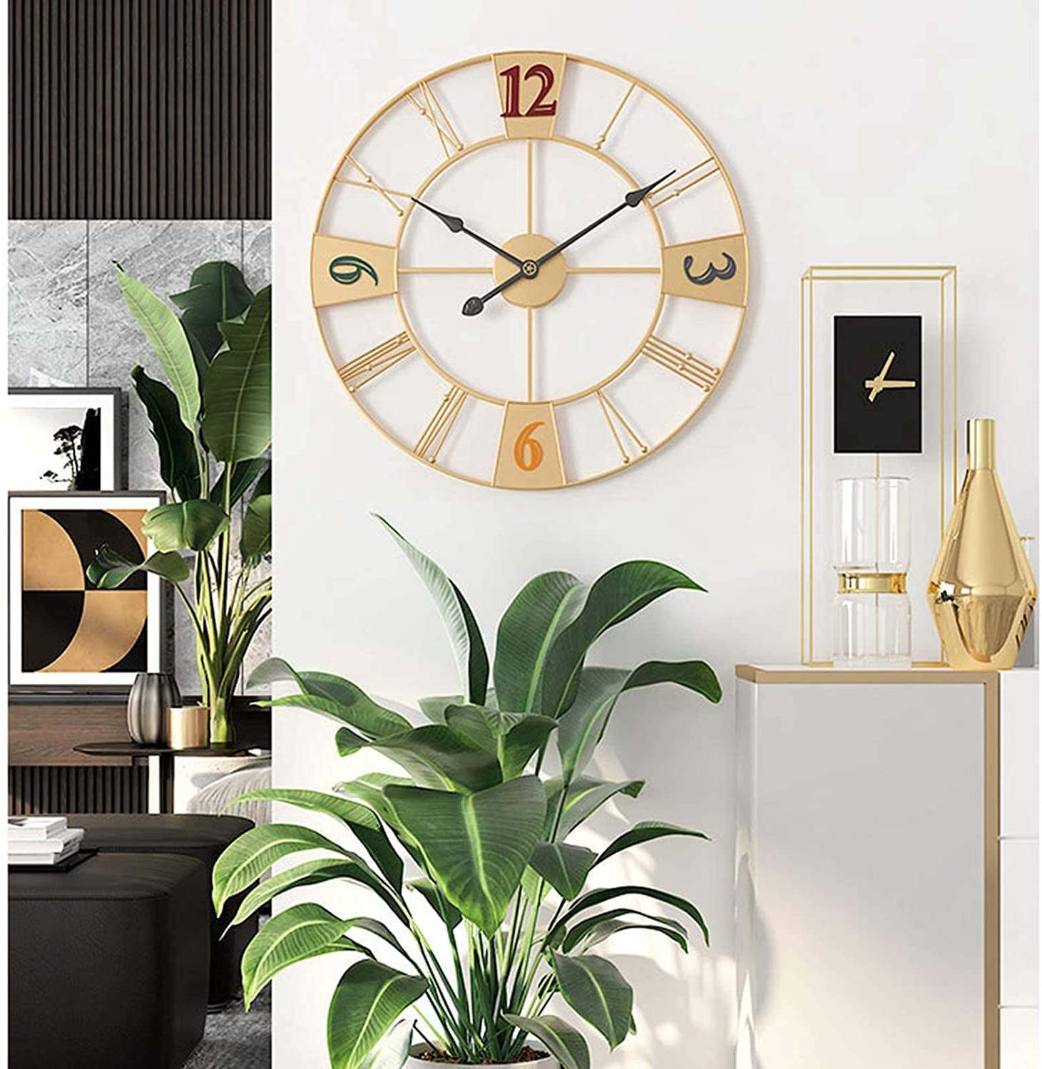 Zewnętrzny zegar ścienny ogrodowy, 68 cm, duży zegar ogrodowy w stylu retro, olbrzymi otwarta tarcza, rzym, wodoodporny zegar zewnętrzny, kute żelazo na zewnątrz (kolor: A)