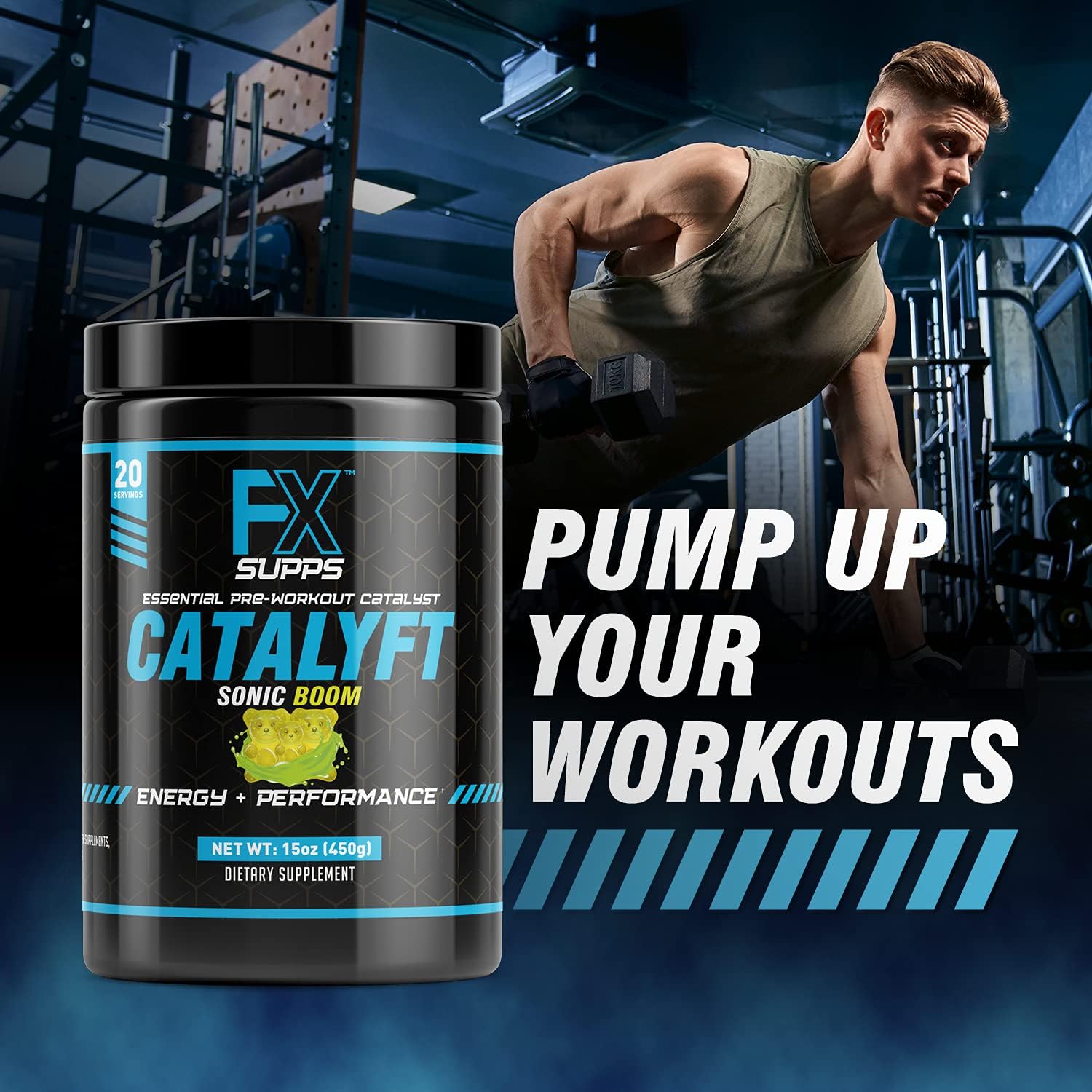 FXSUPPS Catalyft Pre-Workout Powder Drink for Men & Women, Sonic Boom | Dietary Supplement Mix with Creatine & Beta-Alanine | for Energy Pump, Muscle Gain & Focus, 40 Servings (2 Pack)