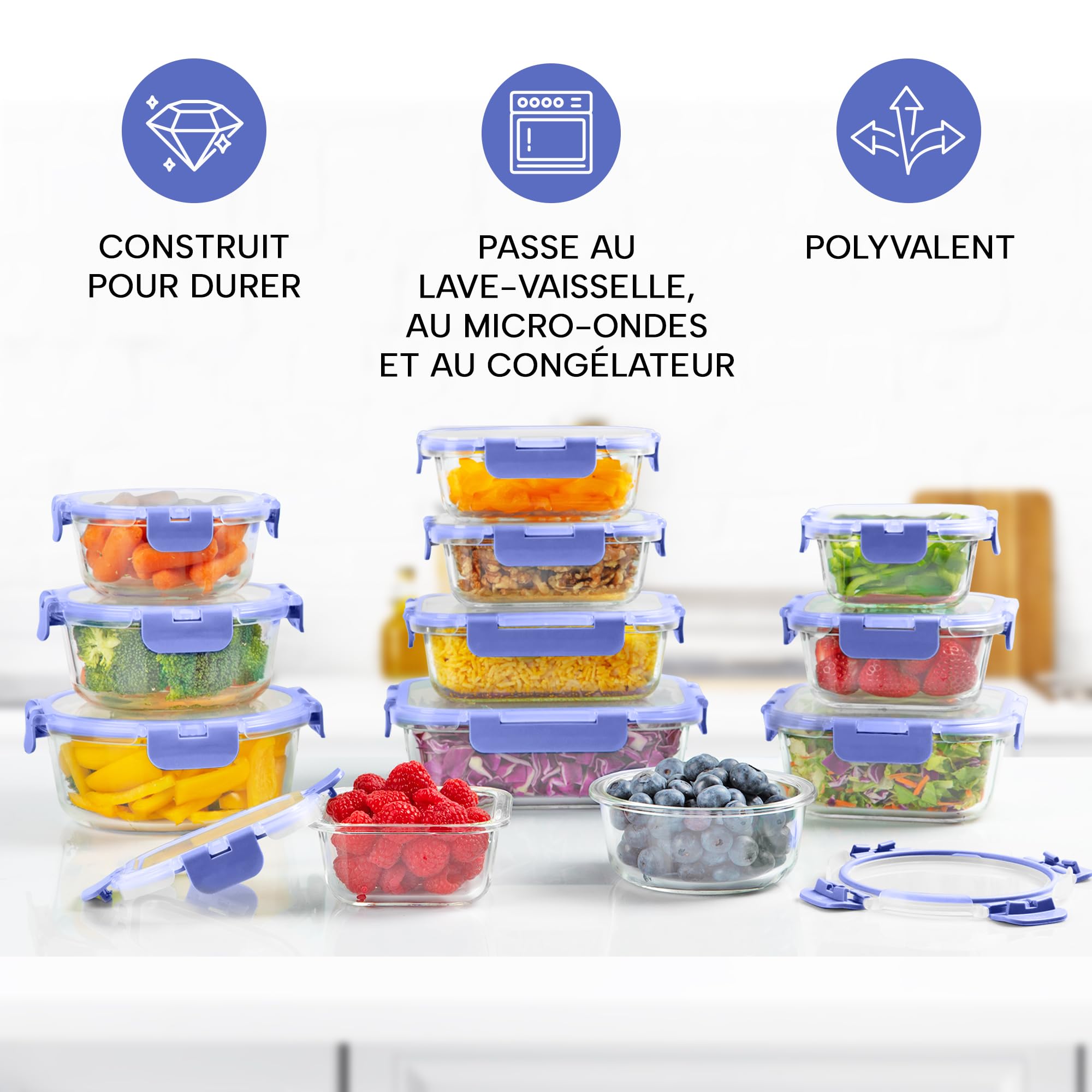 Zulay Lot de 12 boîtes de conservation alimentaire en verre avec couvercles – Verre borosilicate durable, hermétique, sans BPA, empilables, passent au micro-ondes, pervenche