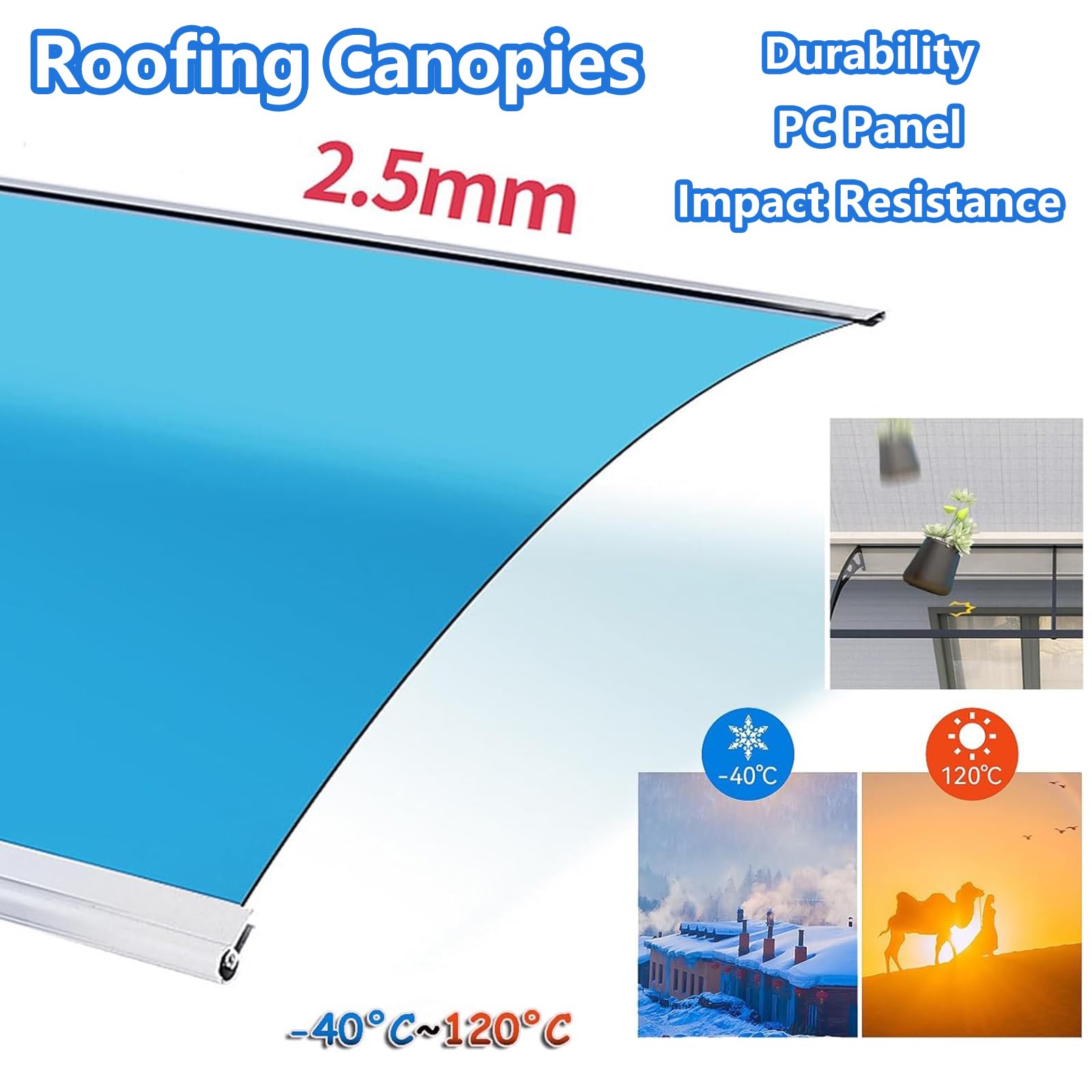 Marquesina Puerta Exterior，Ancho 60/80/100/120/150 CM, marquesina para Puertas y Ventanas，Tejadillo de Protección Lluvia Nieve Viento Protección Solar, con Fregadero -60x180cm