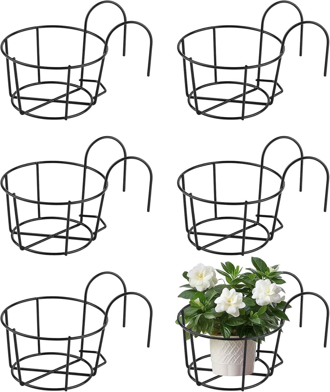 PineHaven 6 Pcs 6.1 Inch Iron Round Hanging Railing Planters,Hanging Flower Pot Holders,Metal Potted Stand Mounted Balcony Round Baskets Shelf Plant Holder with Hooks for Indoor Outdoor Plant(Black)