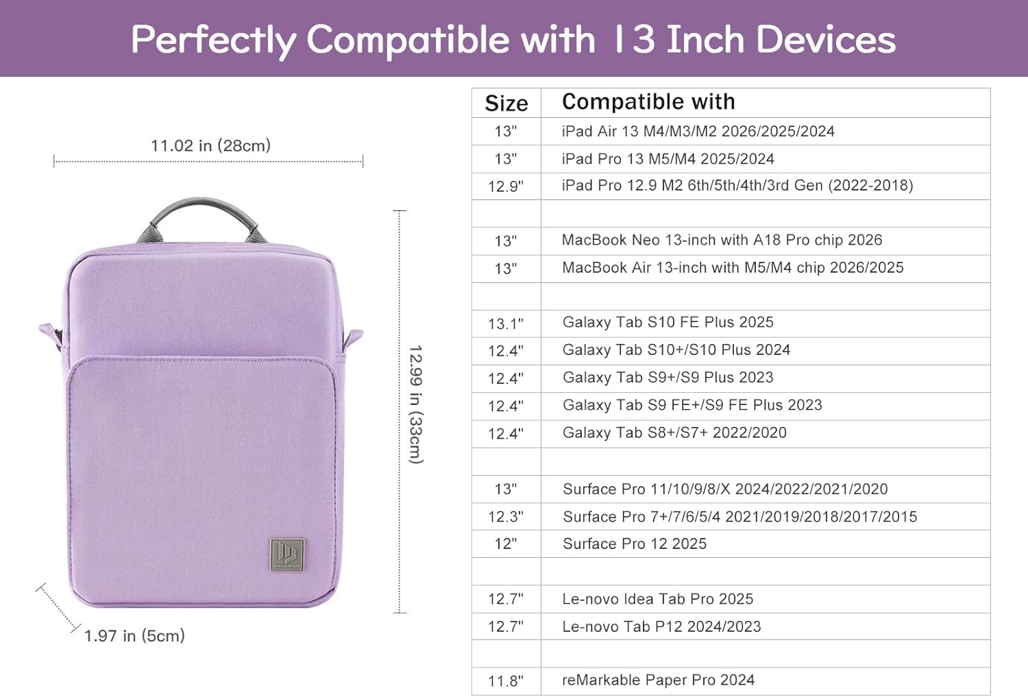Dadanism 13 Inch Tablet Sleeve Bag with Shoulder Strap & Handle for New iPad Air 13" M4/M3 2026/2025, iPad Pro 13" M5/M4 2025/2024, iPad Pro 12.9", Galaxy Tab S10+/S9 FE+/S9+ 12.4", Grey Purple