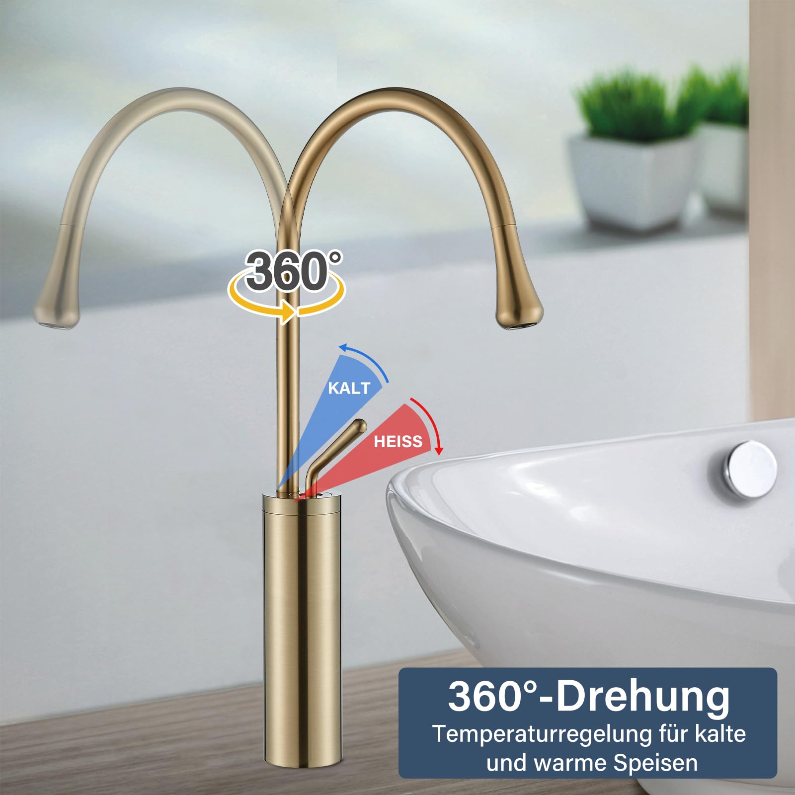 Wasserhahn Bad Waschtischarmatur Gebürstet Gold Einhandmischer Armatur Wasserhahn Waschbecken Einhebel Hochdruck Heiß und Kaltmischer Mischbatterie für Badezimmer Edelstahl