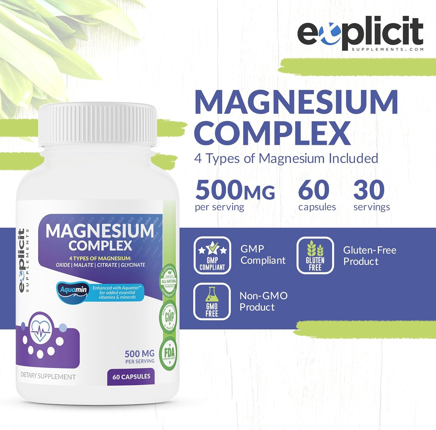 Quad Magnesium Complex Supplement - 500mg of Magnesium Glycinate, Malate, Oxide & Citrate for Support of Muscles, Sleep, Energy & Relaxation - High Absorption with Aquamin - 60 Capsules