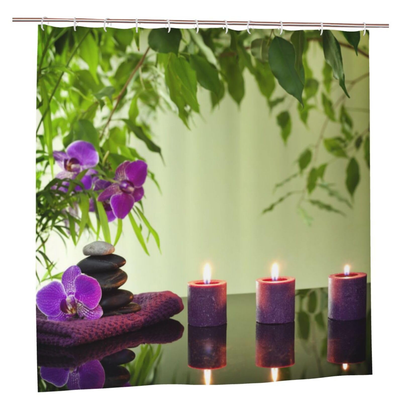 Oudrspo Polyester Fabric Shower Curtain - 70x70 Inch with Metal Grommets, Artistic Privacy Design, Spa Still Life with Zen Stones Aromatic Candles and Orchids