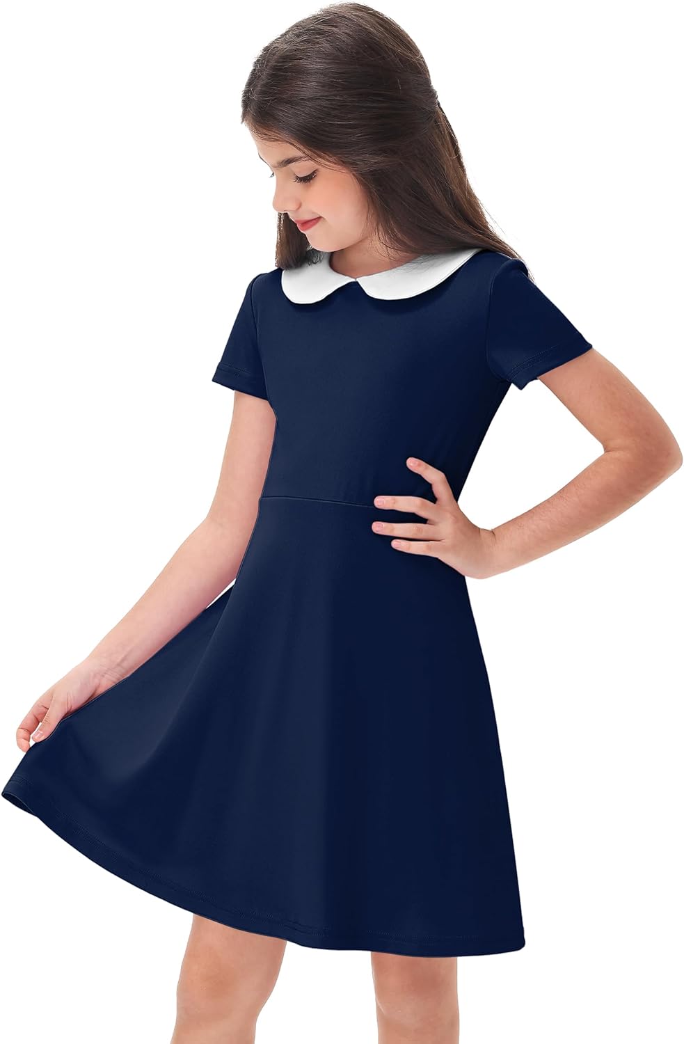 Remimi Girl's Peter Pan Collar Dress Short Sleeve Casual Flare Skater Dresses 5-14 Years