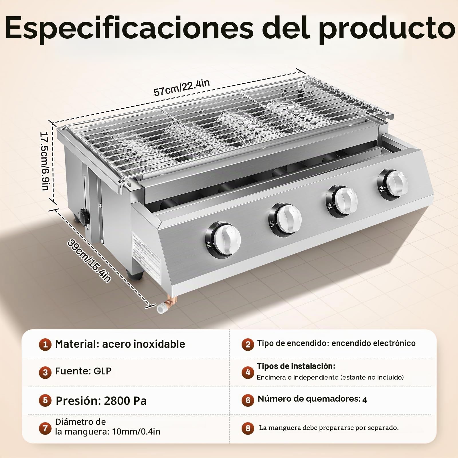 MINRS Asador de Gas de 4 Fuegos con Parrilla Extraíble y Depósito de Aceite Extraíble, LPG, Barbacoa de Mesa para Camping y Balcón
