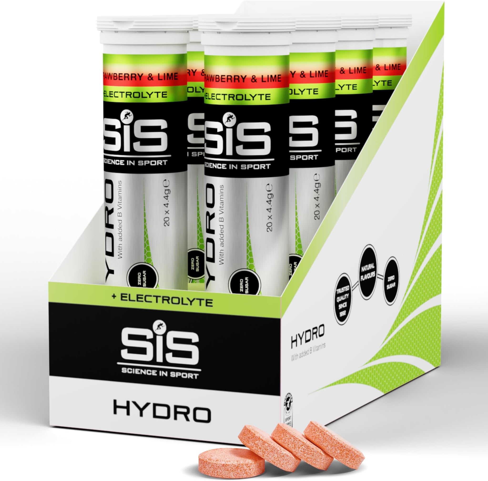 Hydro Hydration Tablets, Zero Sugar, Strawberry and Lime Flavour Plus Electrolytes, 20 Effervescent Tablets per Bottle (8 Bottles)