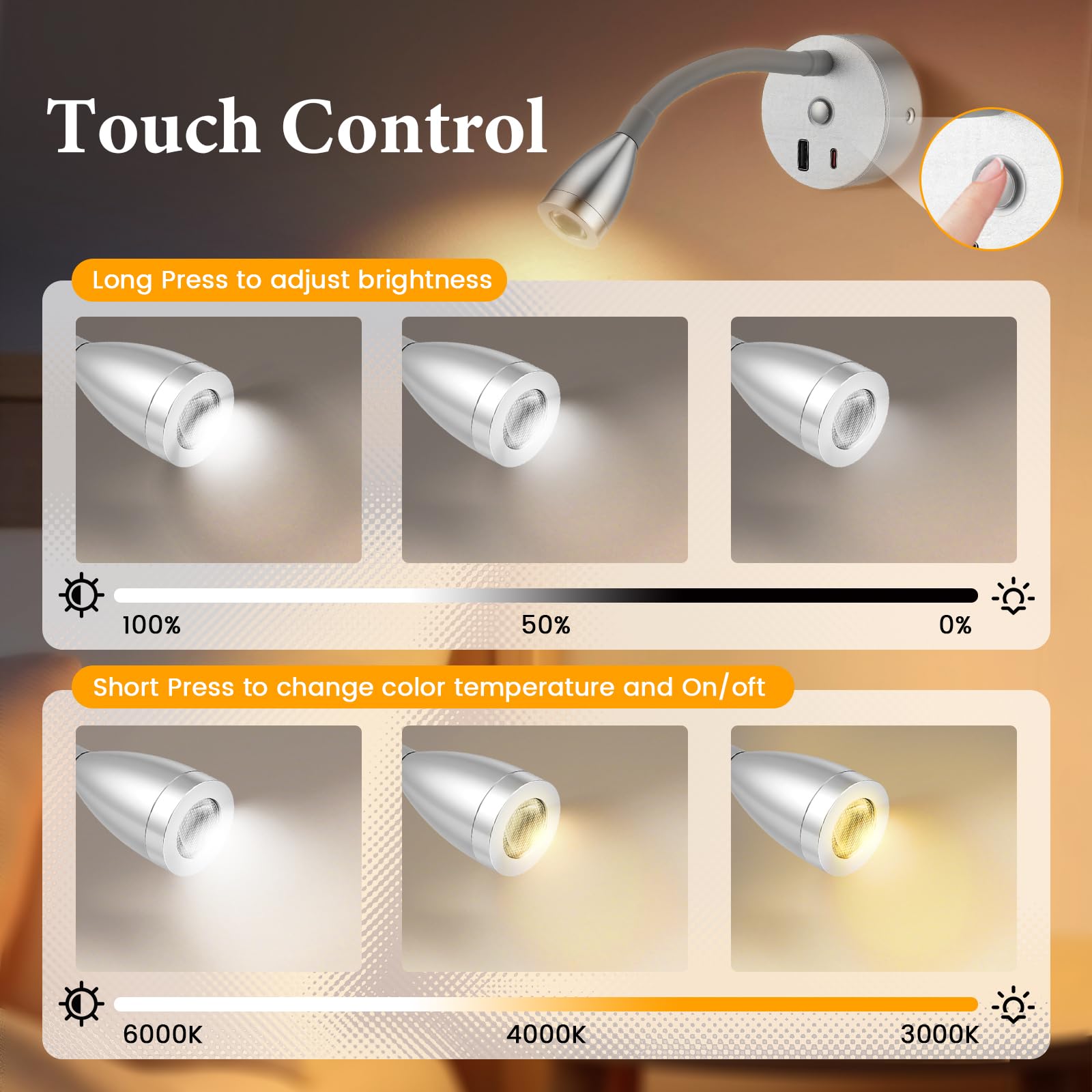 2 Pezzi Lampada da Lettura per Camper con Caricabatterie USB A+C, faretto da Parete a LED da 12 V, Lampada da Parete Flessibile a Collo D'Oca per Camper roulotte Barca Yacht (Argento)