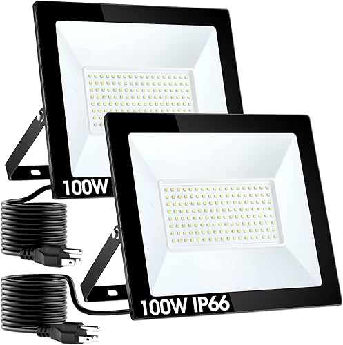 Flood Lights Outdoor,100W 10000LM Super Bright LED Work Light,IP66 Waterproof Security Light,Outside Floodlight for Garage,6000K White,2 Pack