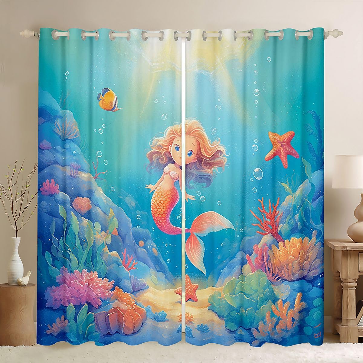 Homemissing tende oscuranti a sirena tende oscuranti con stelle marine corallo per camera da letto soggiorno decorazione creatura marina sfumature termoisolanti trattamenti per finestre a tema oceano