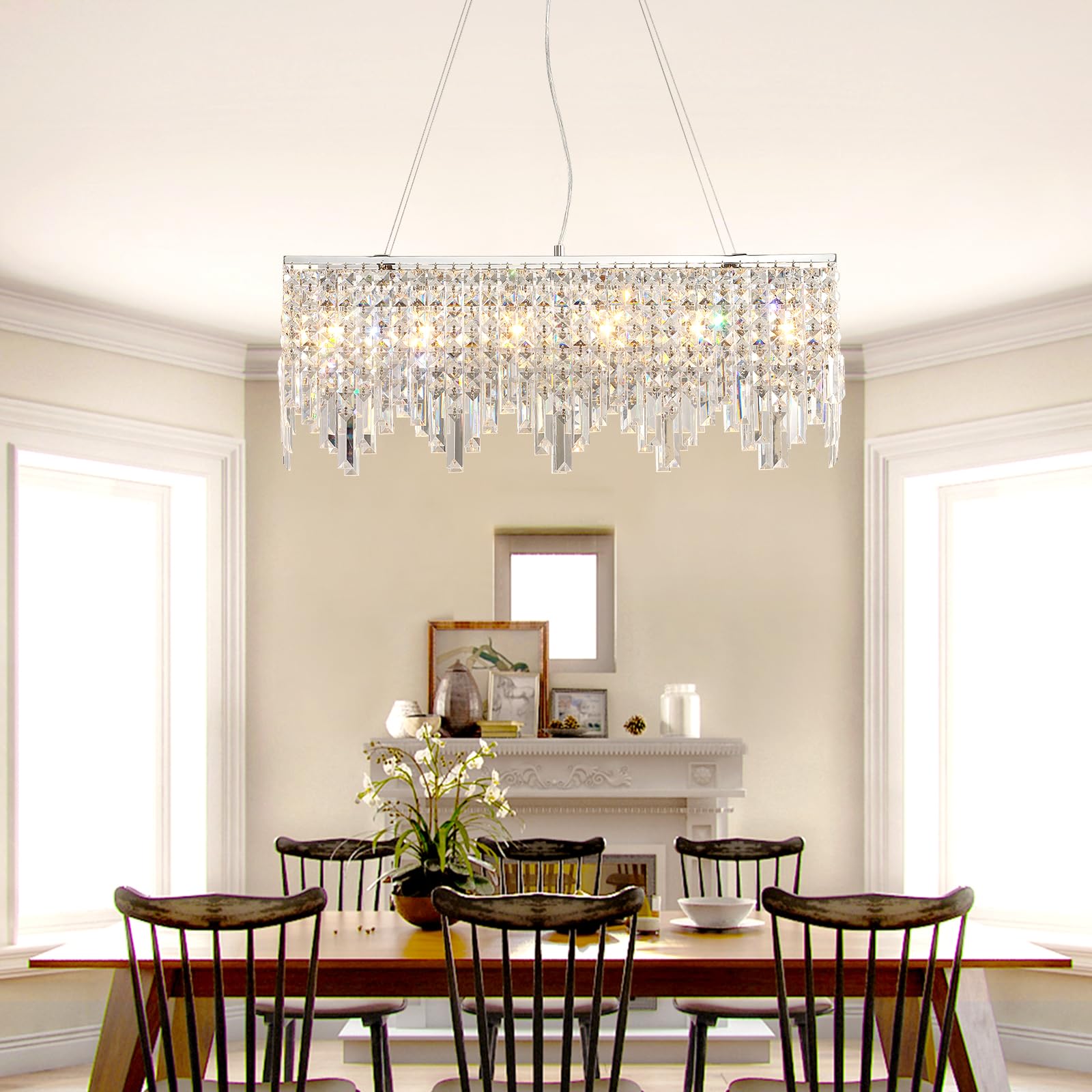 Siljoy Rectangle Crystal Chandelier, Modern Rectangular K9 Crystal Raindrop Chandelier, 6-Lights Flush Mount Pendant Ceiling Light Fixture for Dining Room Kitchen Island L31.5'' x W8'' x H12''
