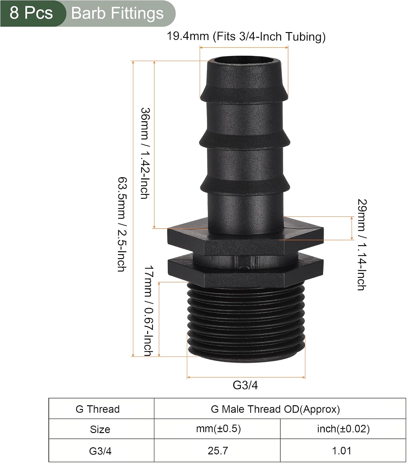 YOKIVE 8 Pcs Drip Irrigation Fittings, Barbed to G3/4 Male Thread for 3/4 Inch Tubing, Great for Gardens, Greenhouses, Lawns (Black, 19.4-mm)