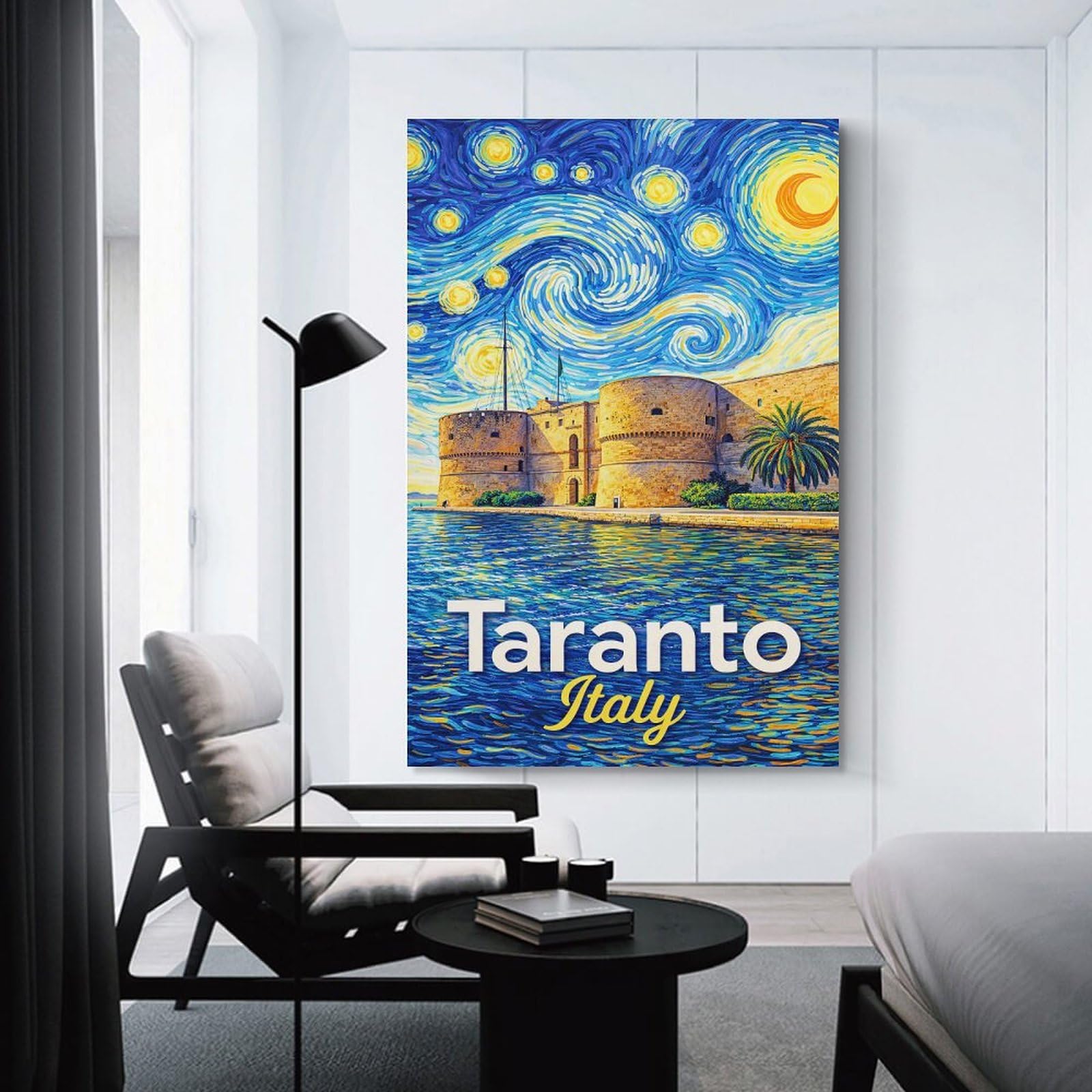 Junmoney Taranto Italy Starry Night Painting Home Decor Wall Art 12x18inch(30x45cm), for Office, Study Or Home Workspace, Home Office Artwork with Decorative Appeal