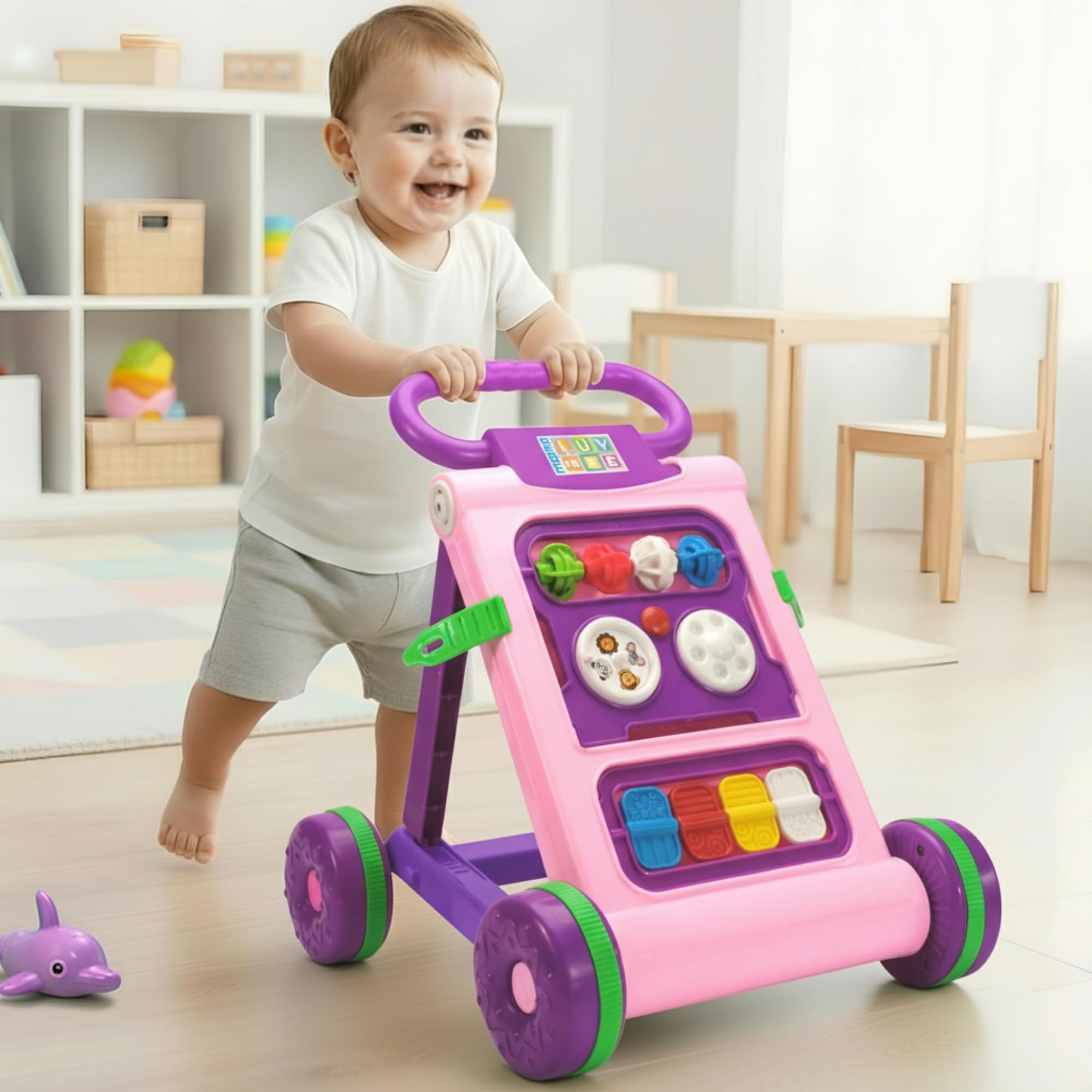 Mama Luv Mee Baby Activity Walker Learning Push Walker for Babies 6 to 18 Months, Foldable Musical Walker with Recreational Toy Bar (Pink)