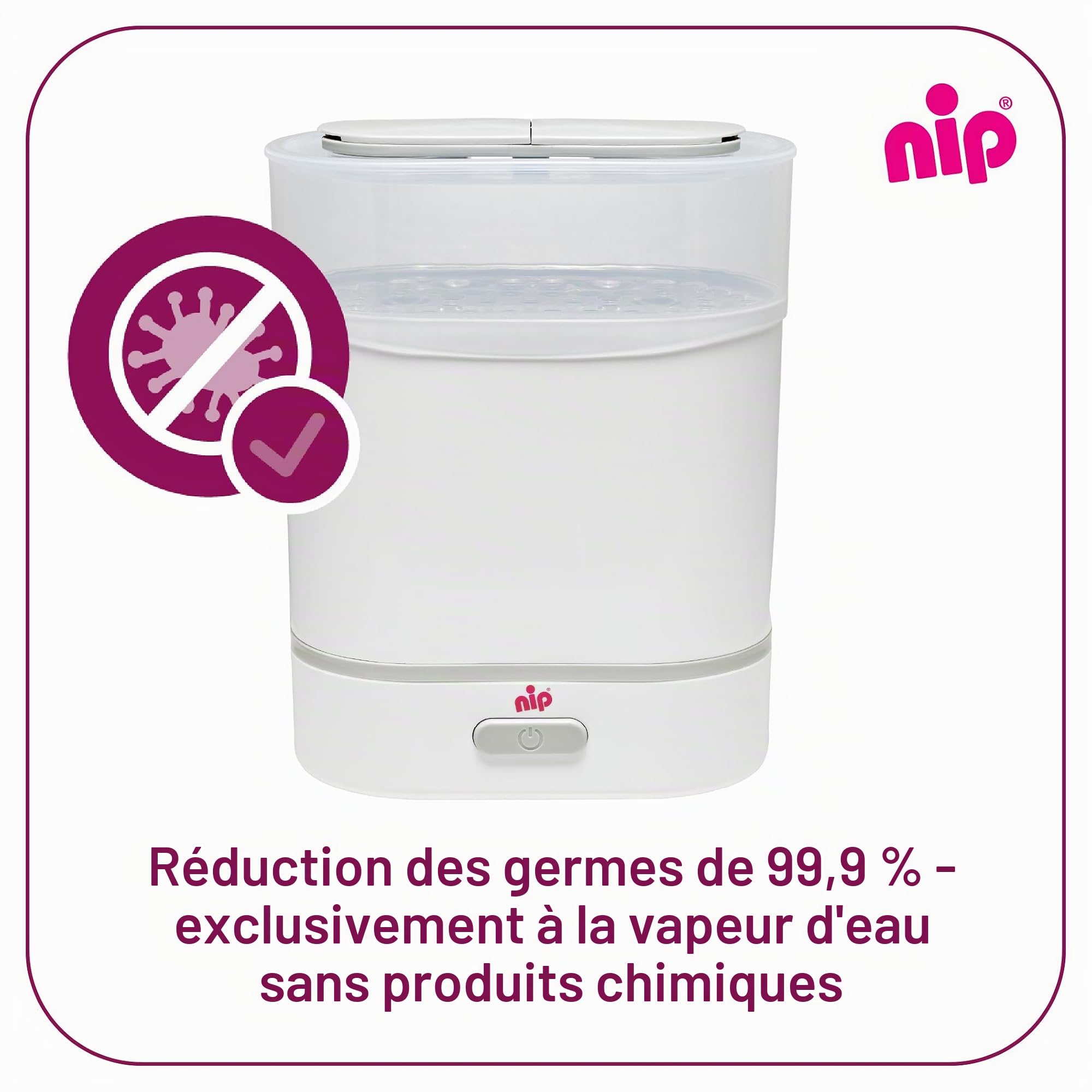 NIP Stérilisateur biberons : vaporisateur pour jusqu'à 6 biberons, tétines + accessoires, stérilisation rapide et sûre à la vapeur en seulement 9 minutes, avec arrêt automatique, blanc