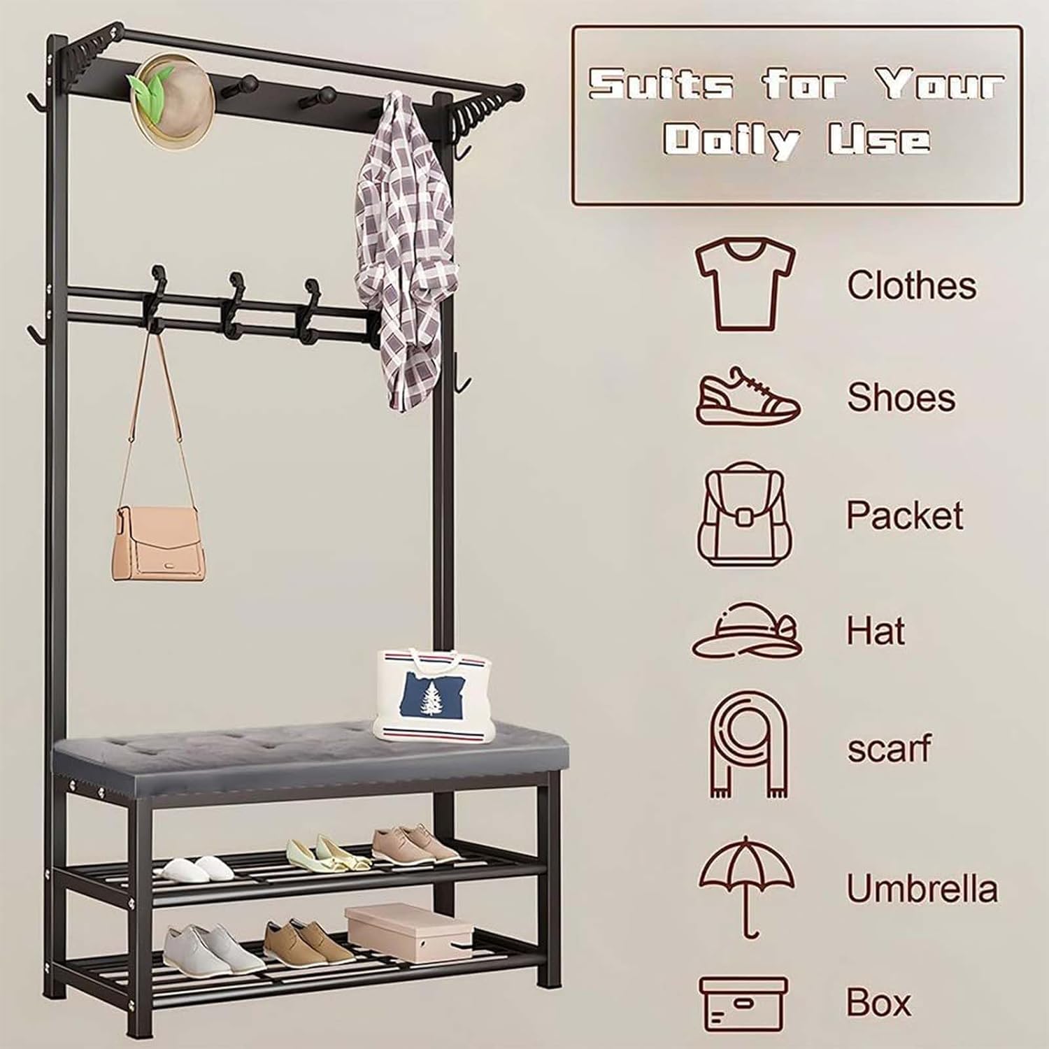 3-in-1 Entryway Hall Tree Hall Tree Coat Rack Free Standing Hall Tree with 9 Hooks Multifunctional Shoe Stool with Shoe Bench and Hutch Bench for Hallway Entryway Bedroom Metal Frame