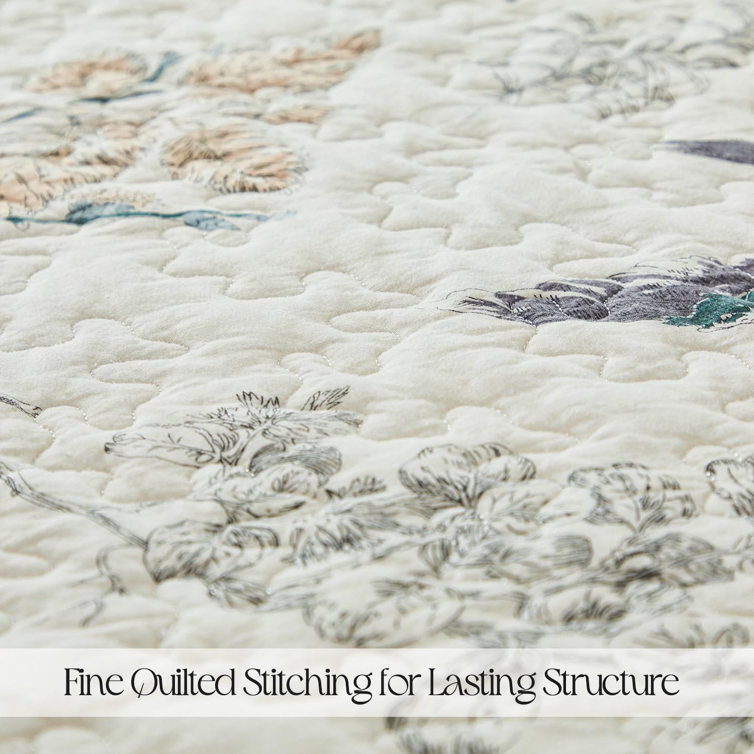 Brandream 100% Cotton Queen Size Bedspread Set Beige American Country Birds Printing, Oversized 60x80 + 30in Drop Cottage Bedding Coverlet with 2 Standard Shams