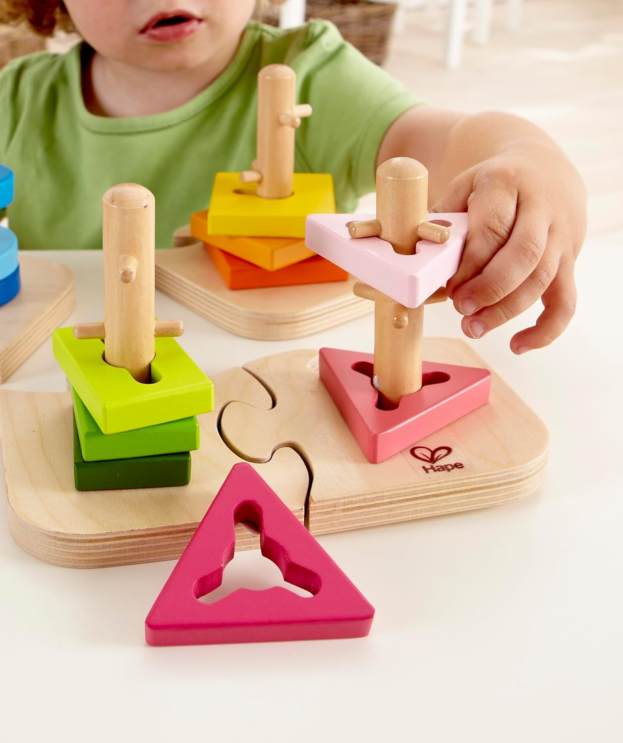 Hape Wooden Creative Peg Puzzle| Shape Sorter Stacking Peg Puzzle| Montessori Color Recognition Stacker Toy for Toddlers