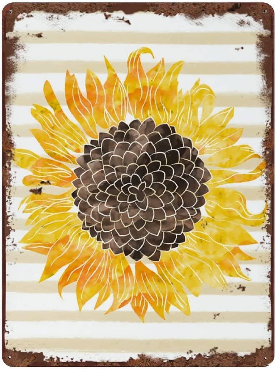 rayprint Sunflower Metal Tin Sign Wall Decor Watercolor Tan Stripes Floral Poster Home Office Decor Home Kitchen Bar Room Garage Decor 12x16 Inches