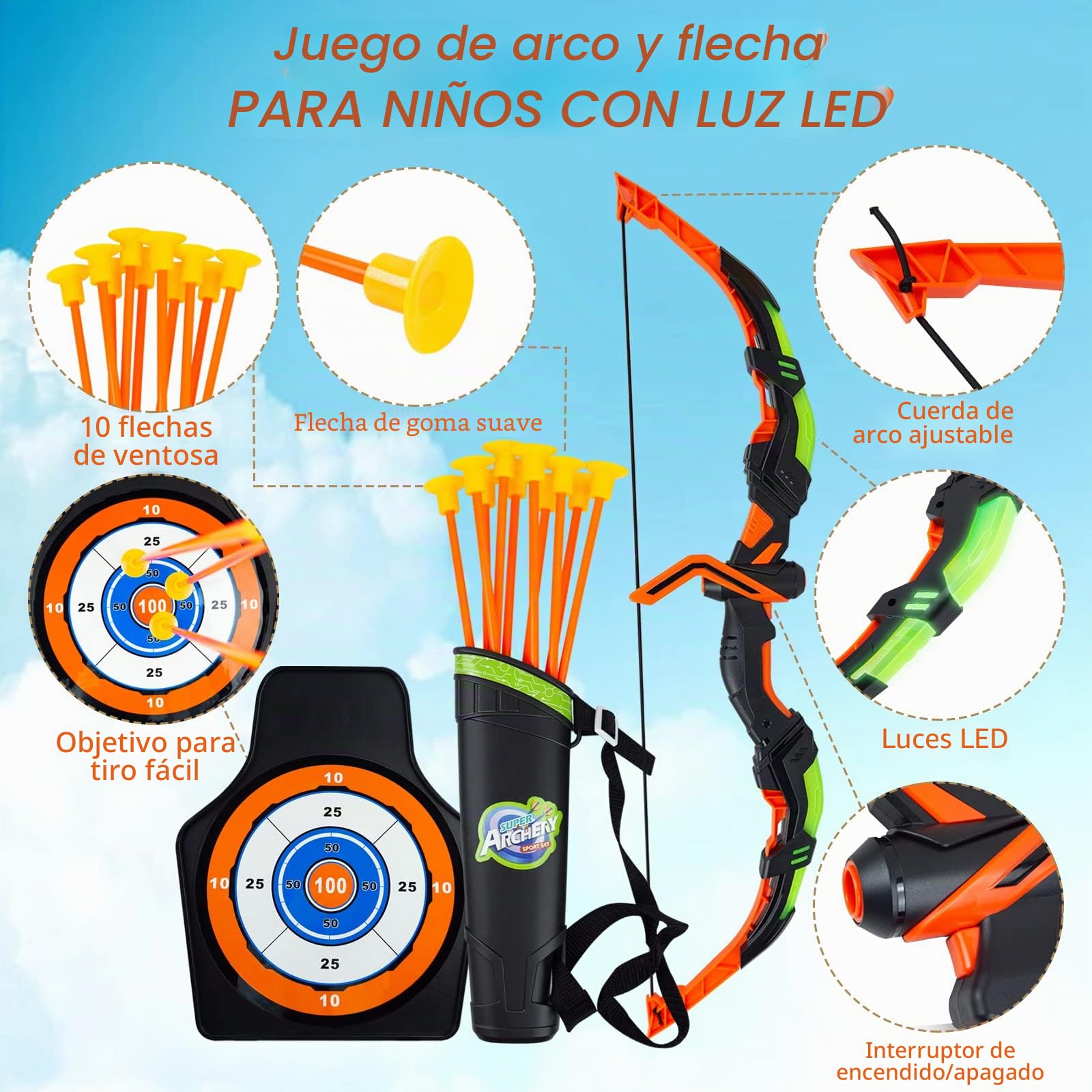 RedCrab Arco y Flecha para Niños con Luces LED, Juego de Juguetes de Arco y Flecha con 10 Ventosa Flechas, 1 Arco, 1 Estante de Flecha y Carcaj, Juego de Interiores y Exteriores para Niños