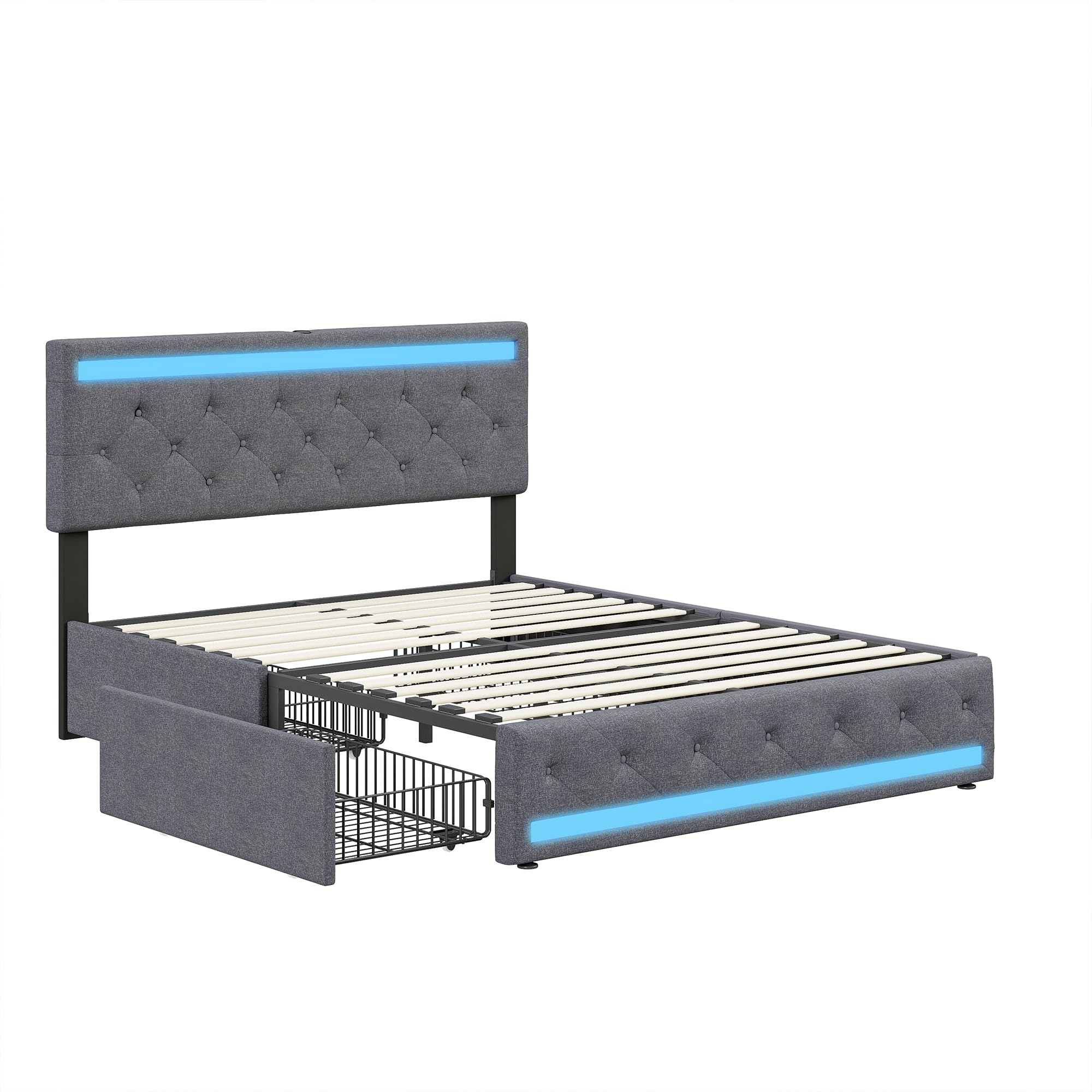 Cama de Matrimonio con Almacenamiento y led, cama Tapizada 160x200 luces led y Cargador Cama con usb y luz led Cama160x200 con 4 Cajones de Almacenamiento, Sin Colchón (A Gris oscuro, 160x200 cm)