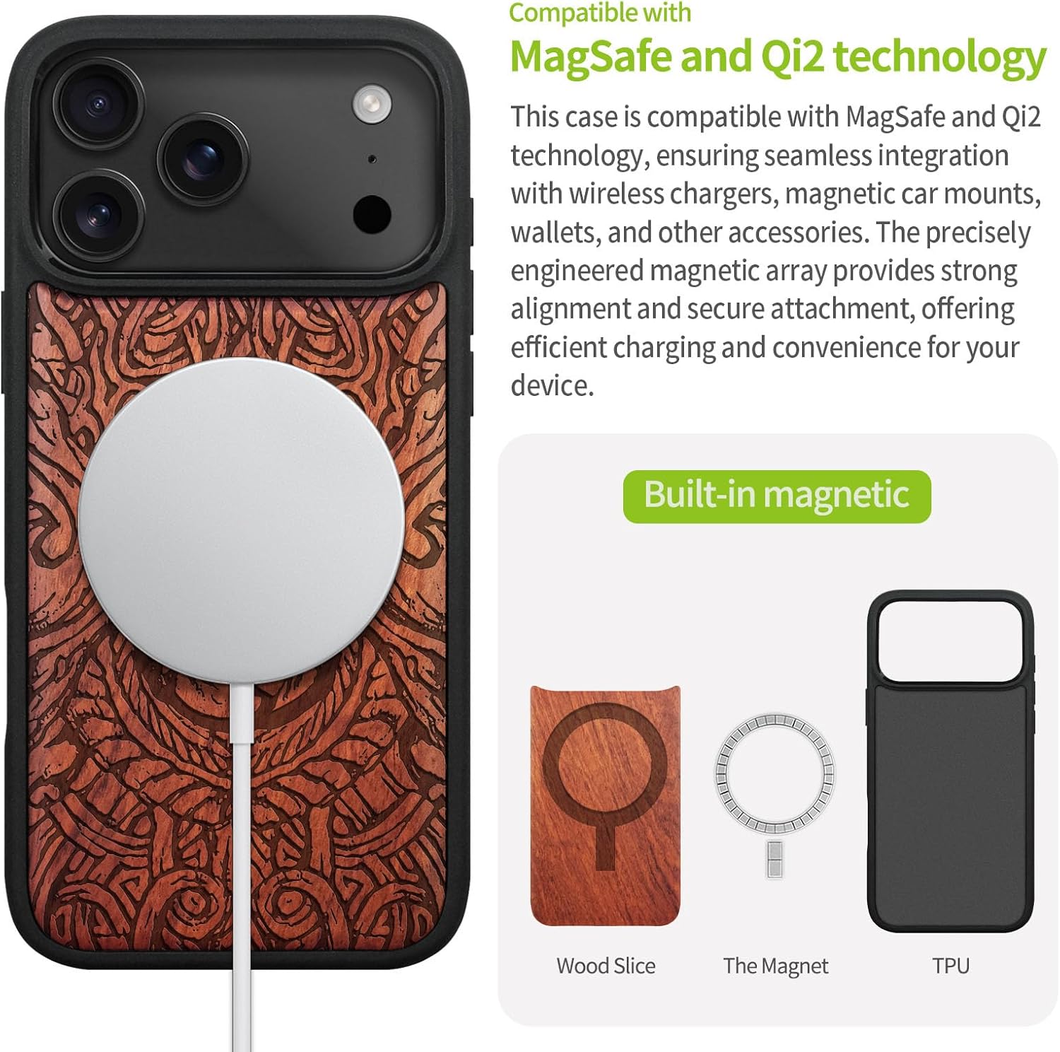 Carveit Magnetic Wooden Case for iPhone 17 Pro Max Case, Wood Artisan Engraved & Black Soft TPU Shockproof Cover, Compatible with MagSafe Wireless Chargers (Futhark Letters) Rosy