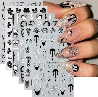 6 Sheets Halloween Nail Art Stickers Spider Nail Stickers Black Flower Butterfly Heart Scar Spider Web with Rhinestones Design Self Adhesive Nail Decals Holiday Nail Decorations for Women
