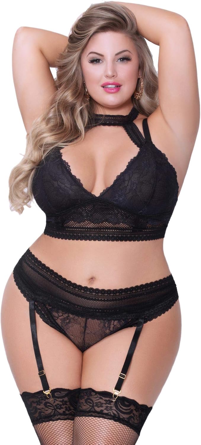 Womens Plus Size Long Line Bra and Panty Gartered Lace Net Lingerie Bra Set