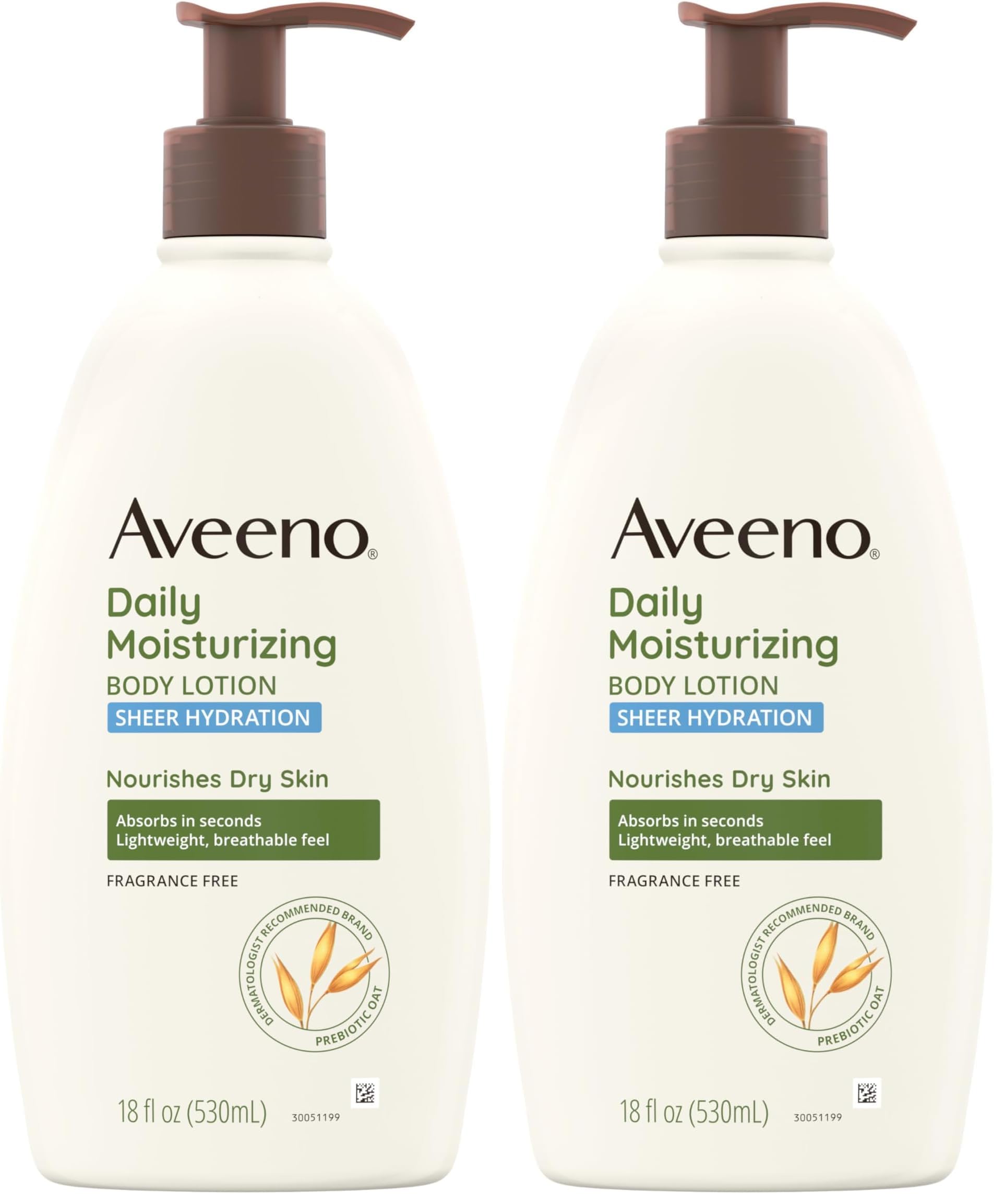 Aveeno Sheer Hydration Daily Moisturizing Fragrance-Free Lotion with Nourishing Prebiotic Oat, Fast-Absorbing Body Moisturizer for Dry Skin with Lightweight, Breathable Feel, 18 fl. oz (Pack of 2)
