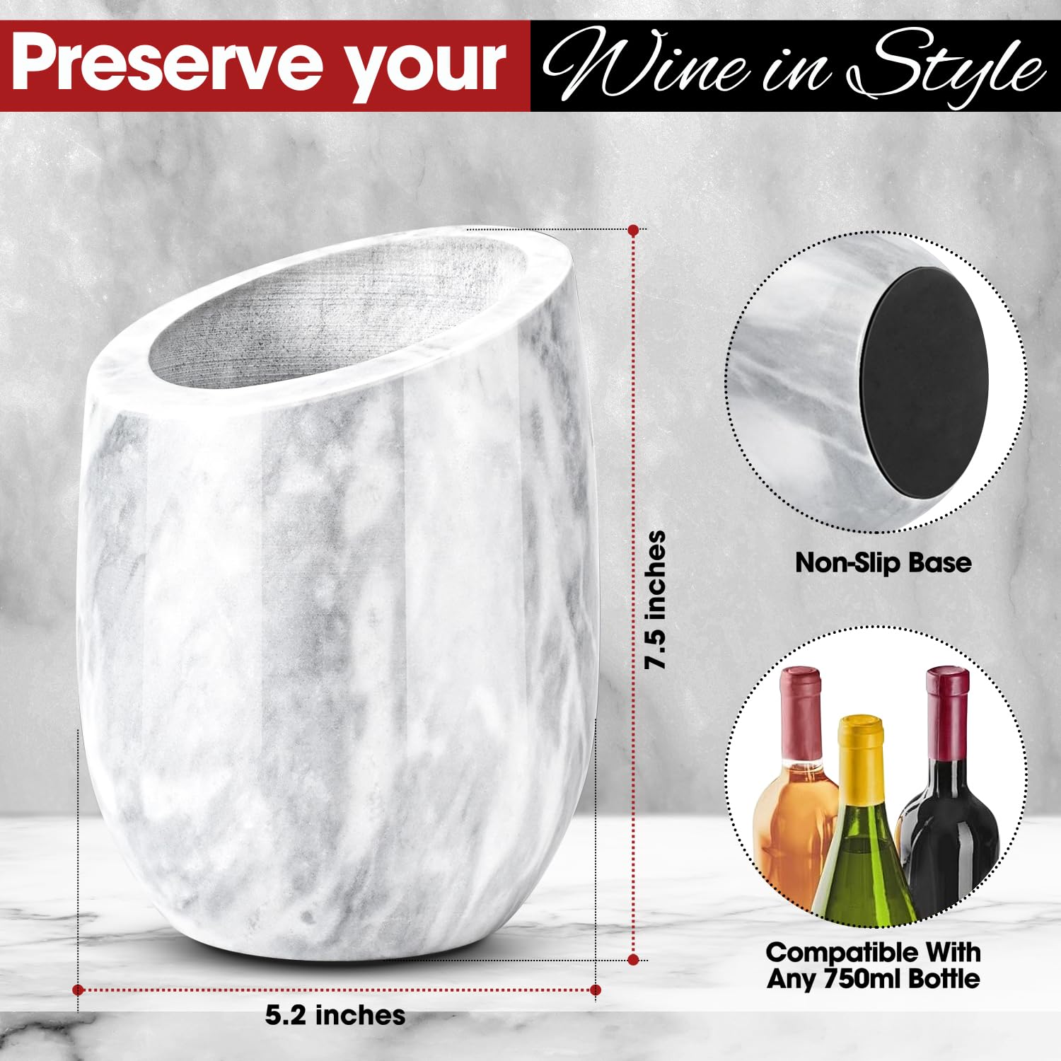 Flexzion Cubo enfriador de vino de mármol, enfriador de champán, enfriadores de vino para botellas y soporte multiusos para utensilios de cocina, enfriador de botellas de vino de piedra adaptable de