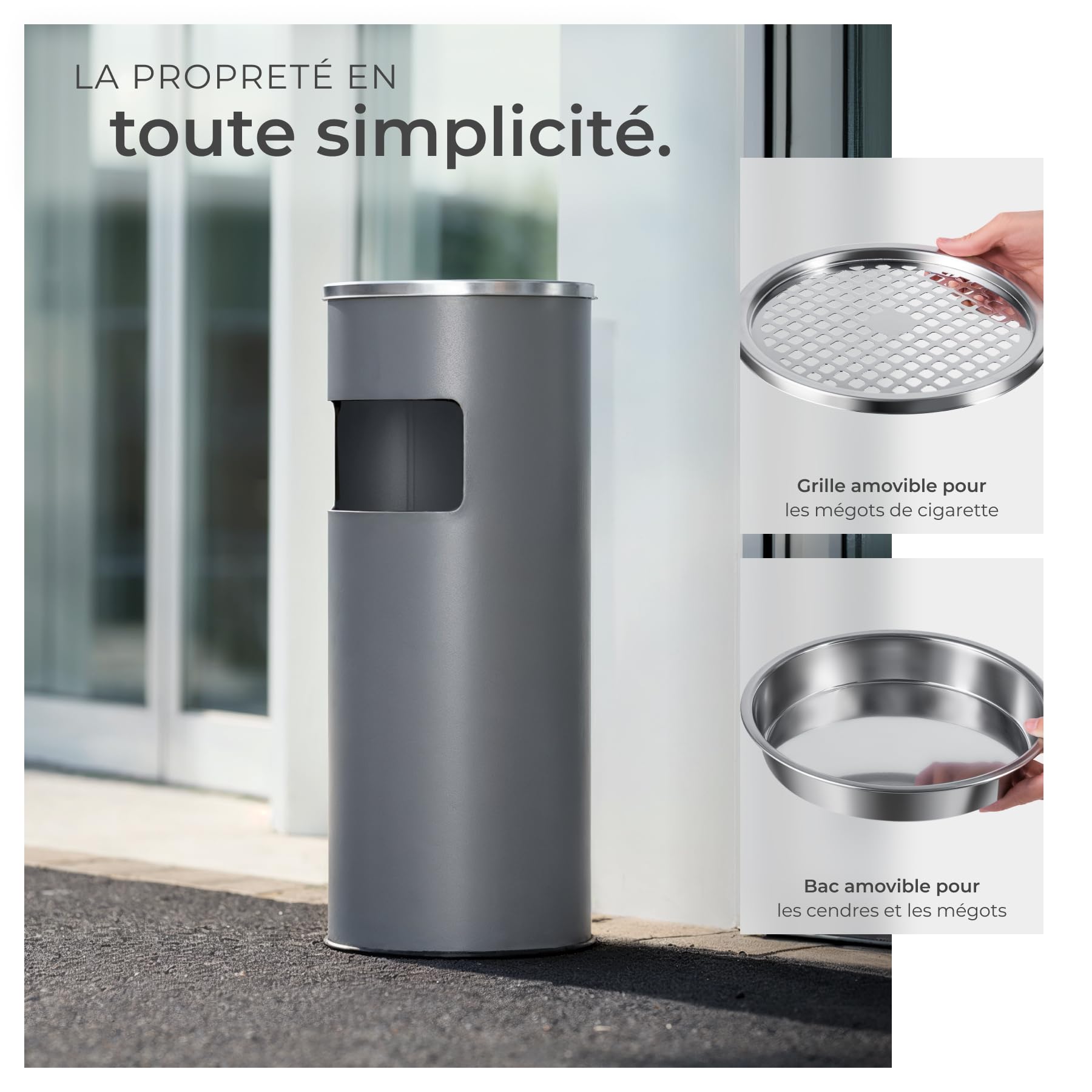 Cendrier sur pied 25 x 61 cm avec poubelle 30L intégrée, Gris anthracite