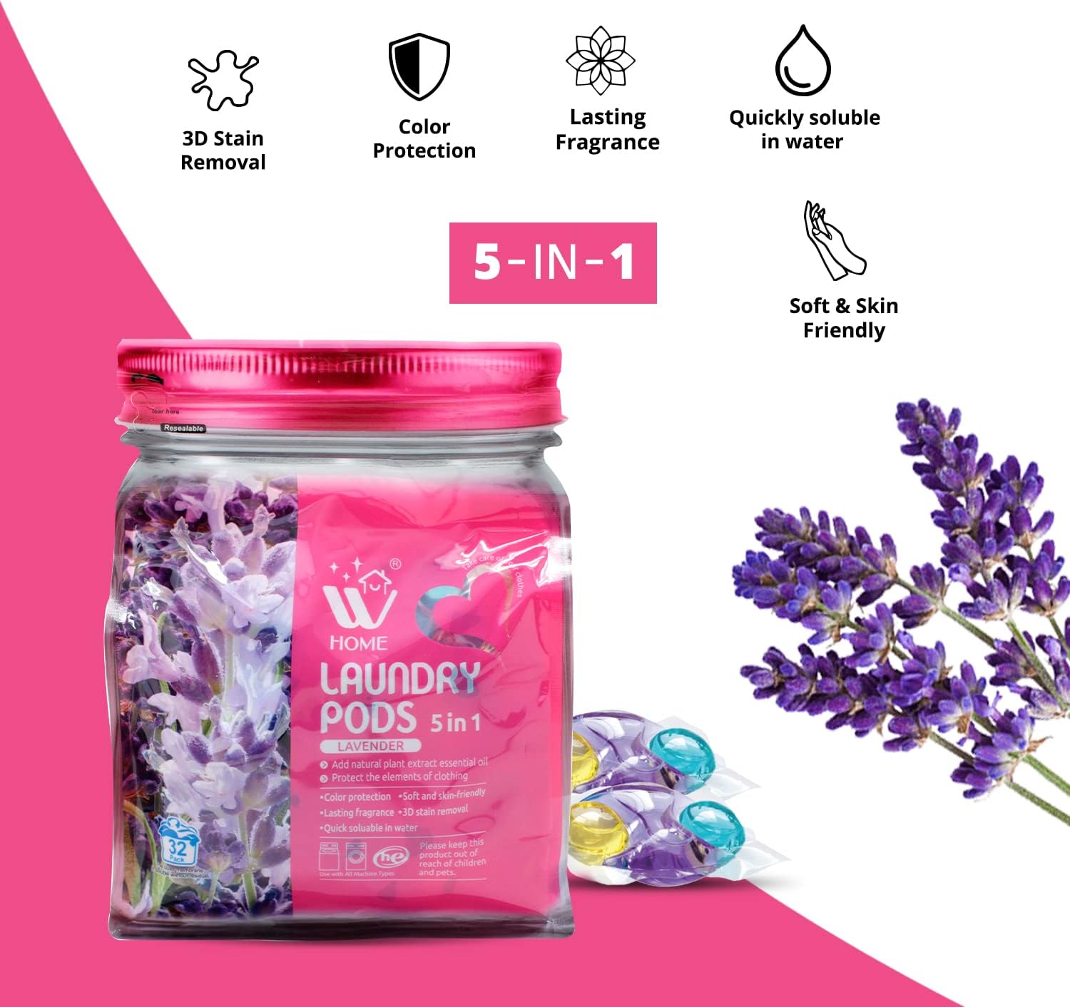 5-in-1 Laundry Pods, High Efficiency (HE), Ultra Concentrate with Powerful Stain Lifter Technology, Fabric Softener With Lavender Extracts, 64 Count (Pack of 2)