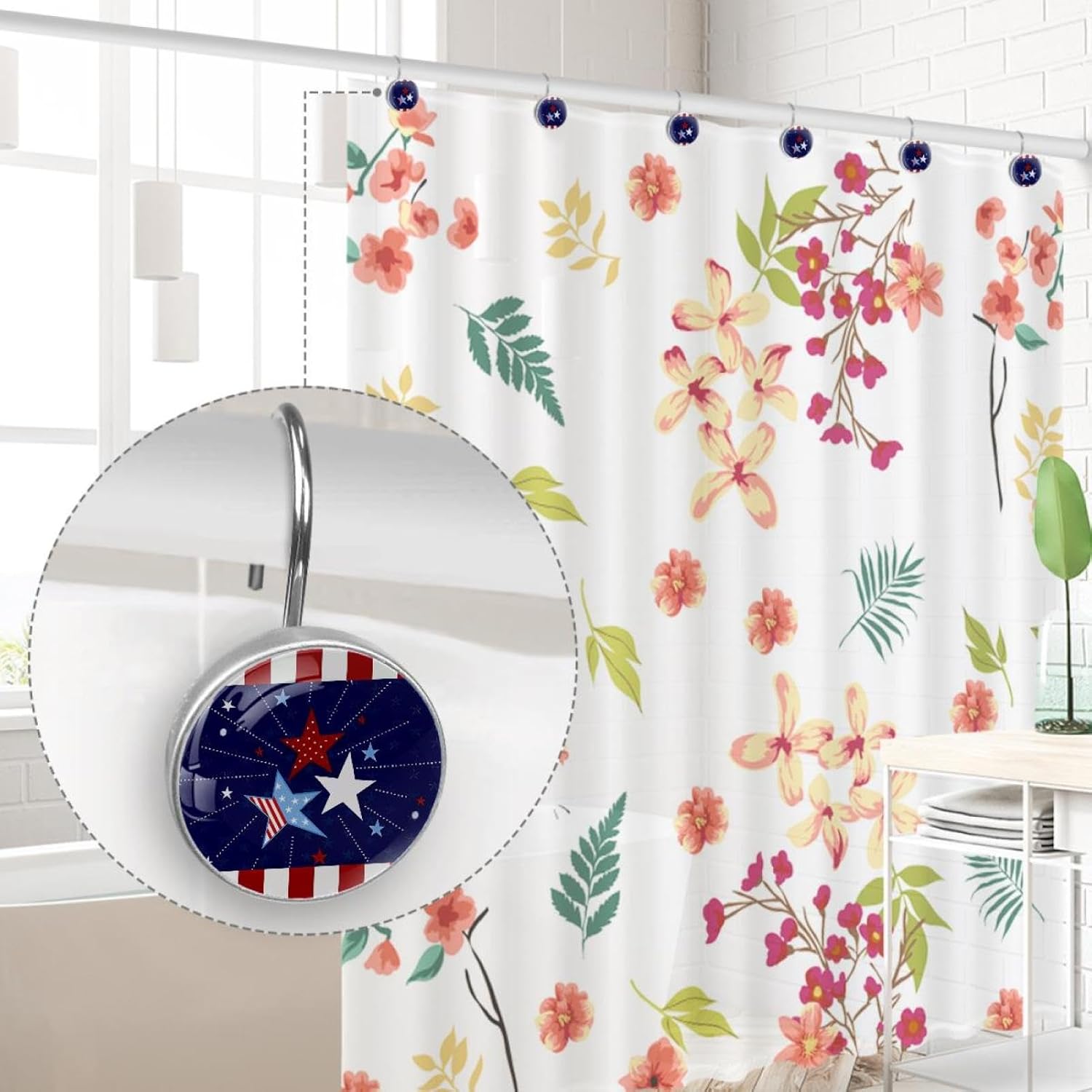 4th of July Star Red Blue Independence Day Patriotic Star Decorative Shower Curtain Hooks Rings Set of 12 Hooks for Shower Curtain Rustproof Curtain Rings for Bathroom