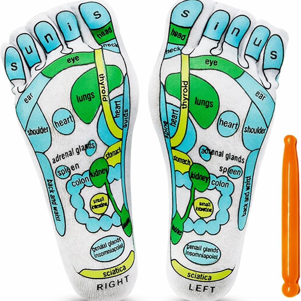 UCRAVO Reflexology Socks with Foot Massage Stick Acupressure Foot Chart Therapy Socks for Relief, Support, Heel Pain Treatment, Arch Support,Circulation Boost,Stress Relief,Home Spa Foot Massager Kit-image-3