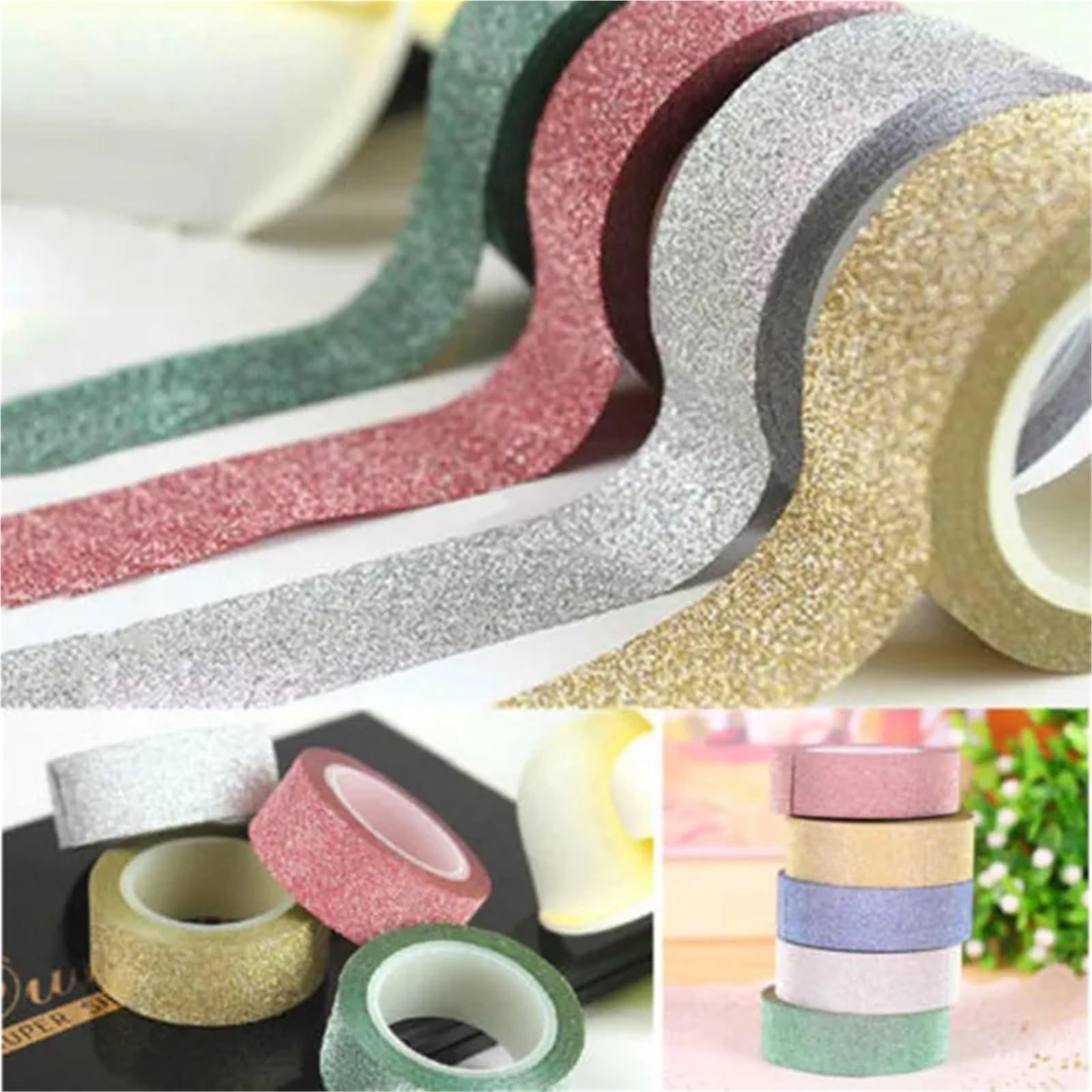 Nastro adesivo Washi glitterato | Multicolori 3,0 mx 15 mm 10 pezzi: scrapbooking, creazione di cartoline, artigianato fai-da-te(Silver)