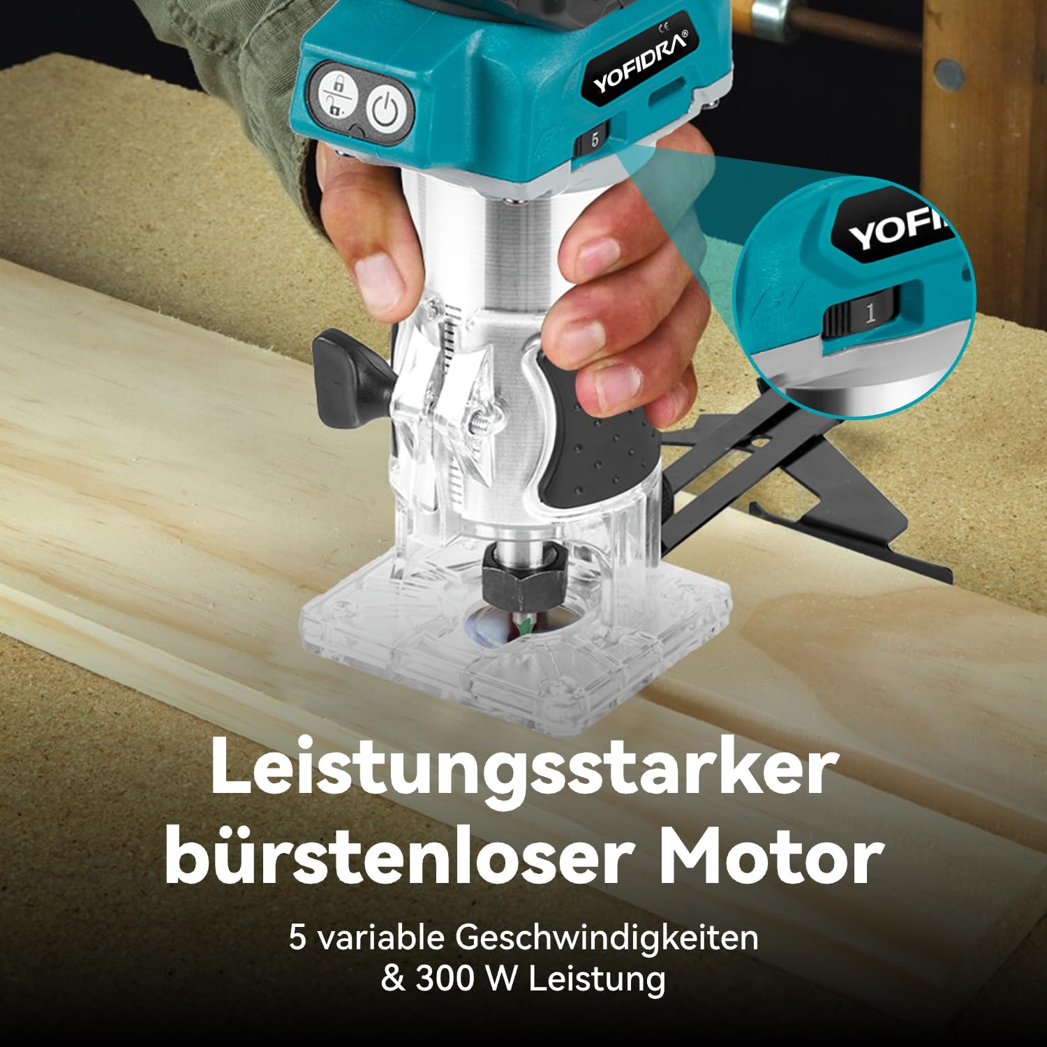 Yofidra Fresadora para Madera a batería, Rebajadora Eléctrica 20V | 10000-30000RPM | 5 Velocidades | 300W | Pinzas de 6mm/6.35mm/8mm | Profundidad Ajustable 0-40mm | 2 3.0Baterías