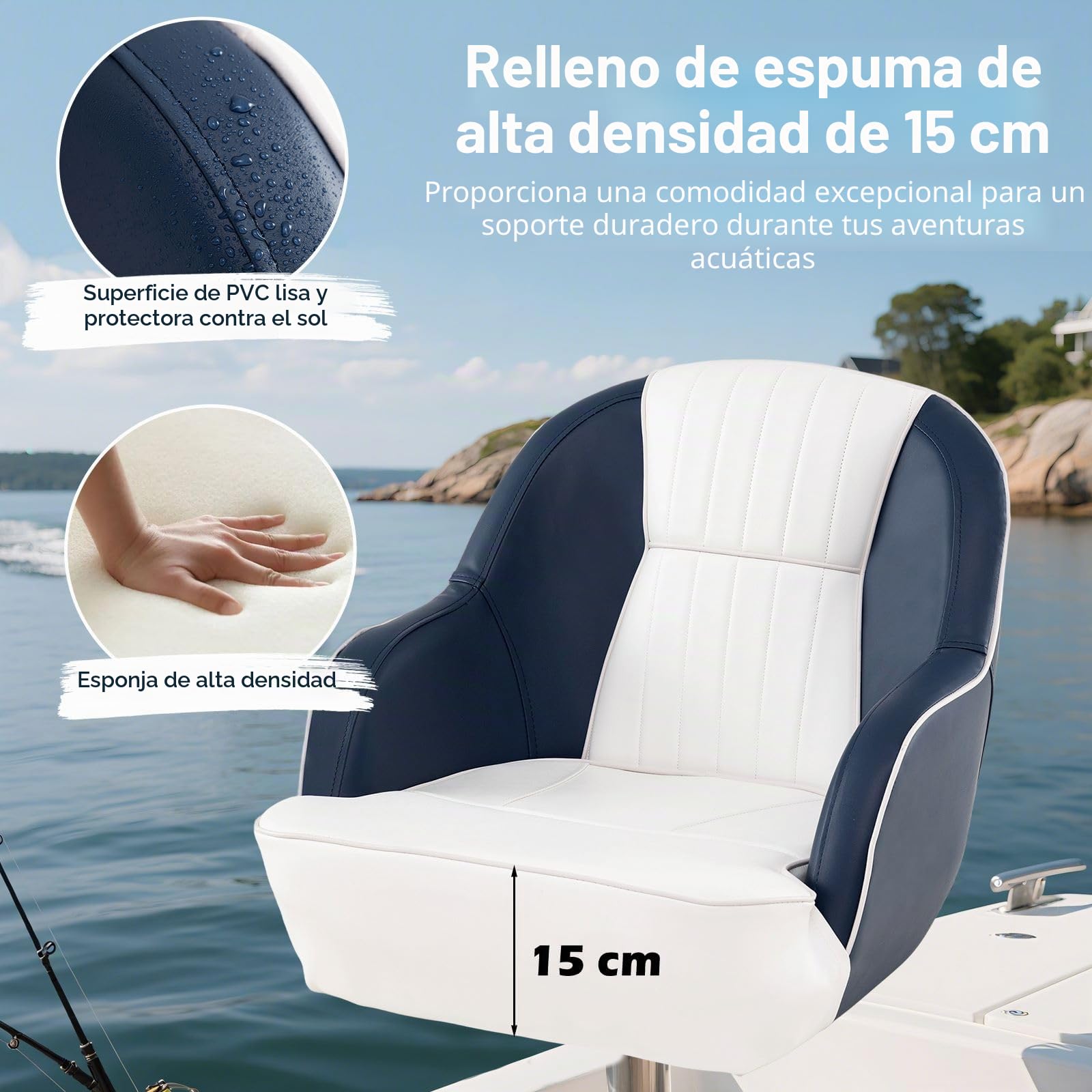 HOMASIS Silla de barco acolchada con respaldo y reposabrazos, asiento para barco impermeable de PVC y espuma, asiento SUP universal, soporta hasta 150 kg (blanco + azul, 55 x 59 x 51 cm)
