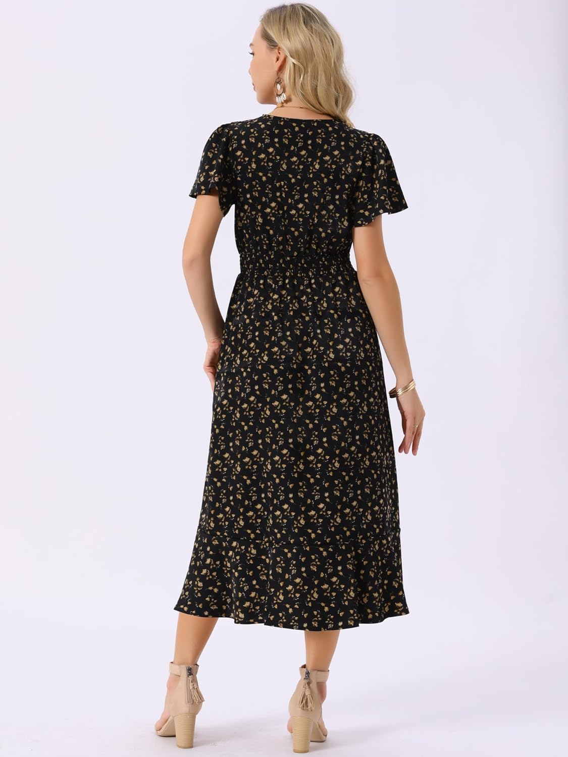 Seta T Women's Summer Dresses Flutter Short Sleeve Wrap Ruffle High Low Hem V Neck Floral Midi Dress - Image 4