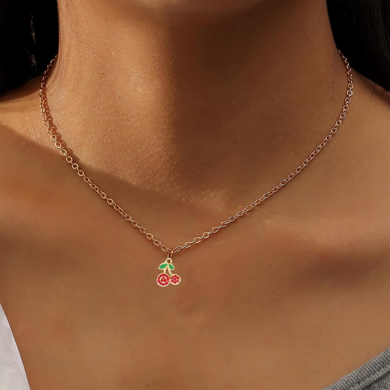 3 PCS Cherry Necklace Earrings Jewelry Set for Women Dainty Cute Sweet Cherry Fruit Pendant Necklace 14K Gold Plated Cherry Crystal Bracelet Birthday Party Charm Jewelry - Image 2