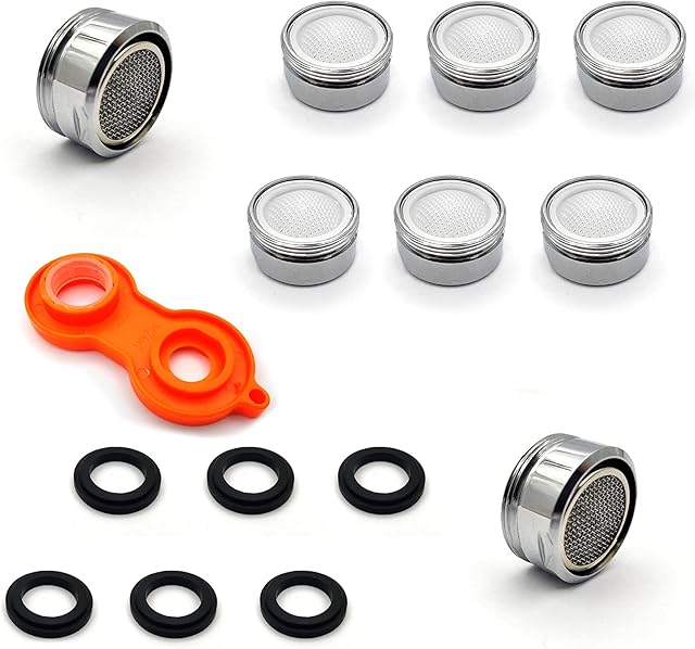 6 Pcs M24 Tap Aerator Replacement Part, Stainless Steel Tap Aerator Nozzle, Kitchen Bathroom Faucet Filter Tap Thread Nozzle with Gaskets and Faucet Aerator Wrench