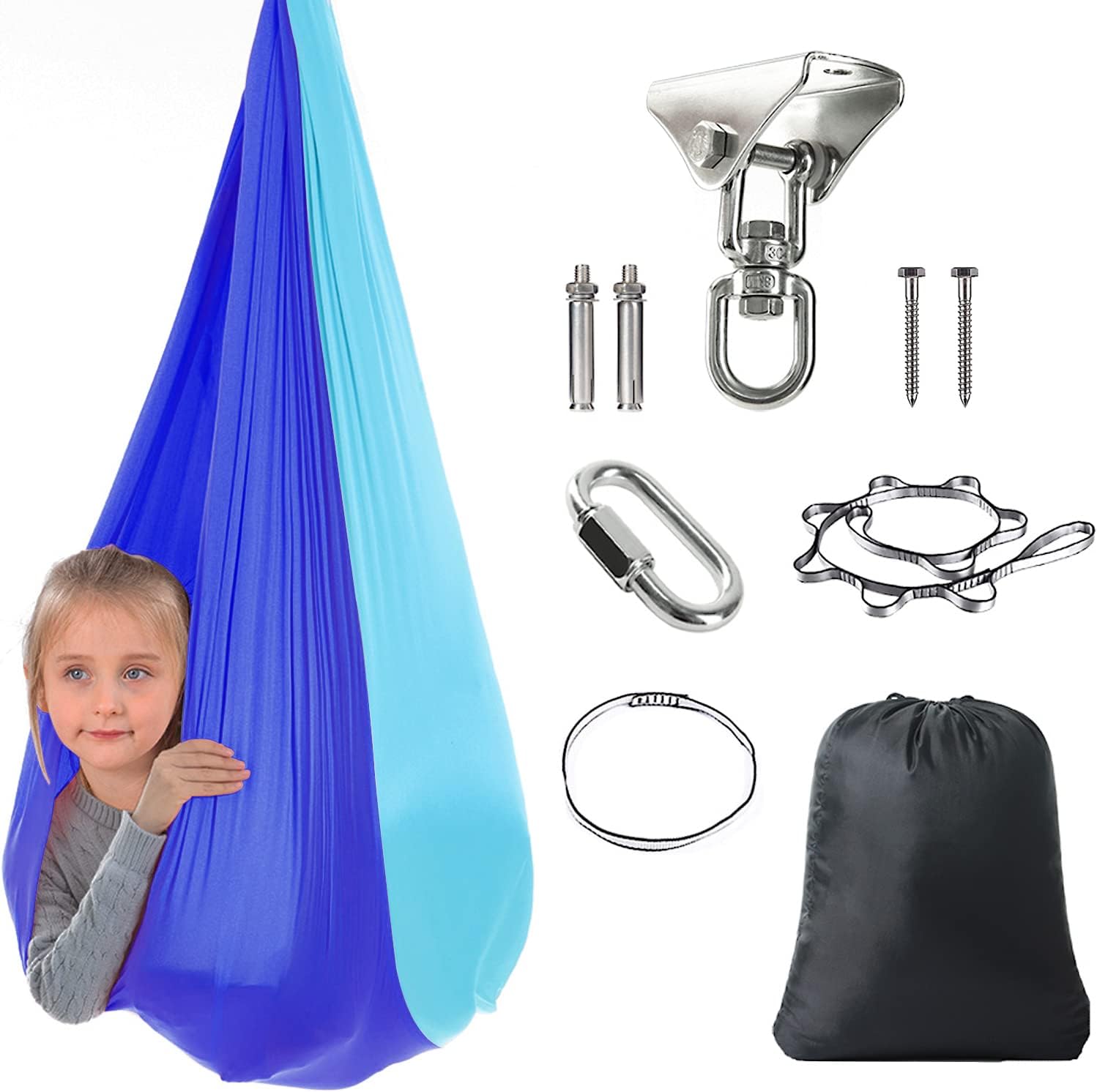 Therapy Swing Hammock Kids Cuddle Sensory Swing Indoor Therapeutic Hammock 360° Rotating Double Layer Elastic Rocking Cloth Swing Gifts for Children with ADHD SPD Asperger Autism (Blue+Sky Blue)